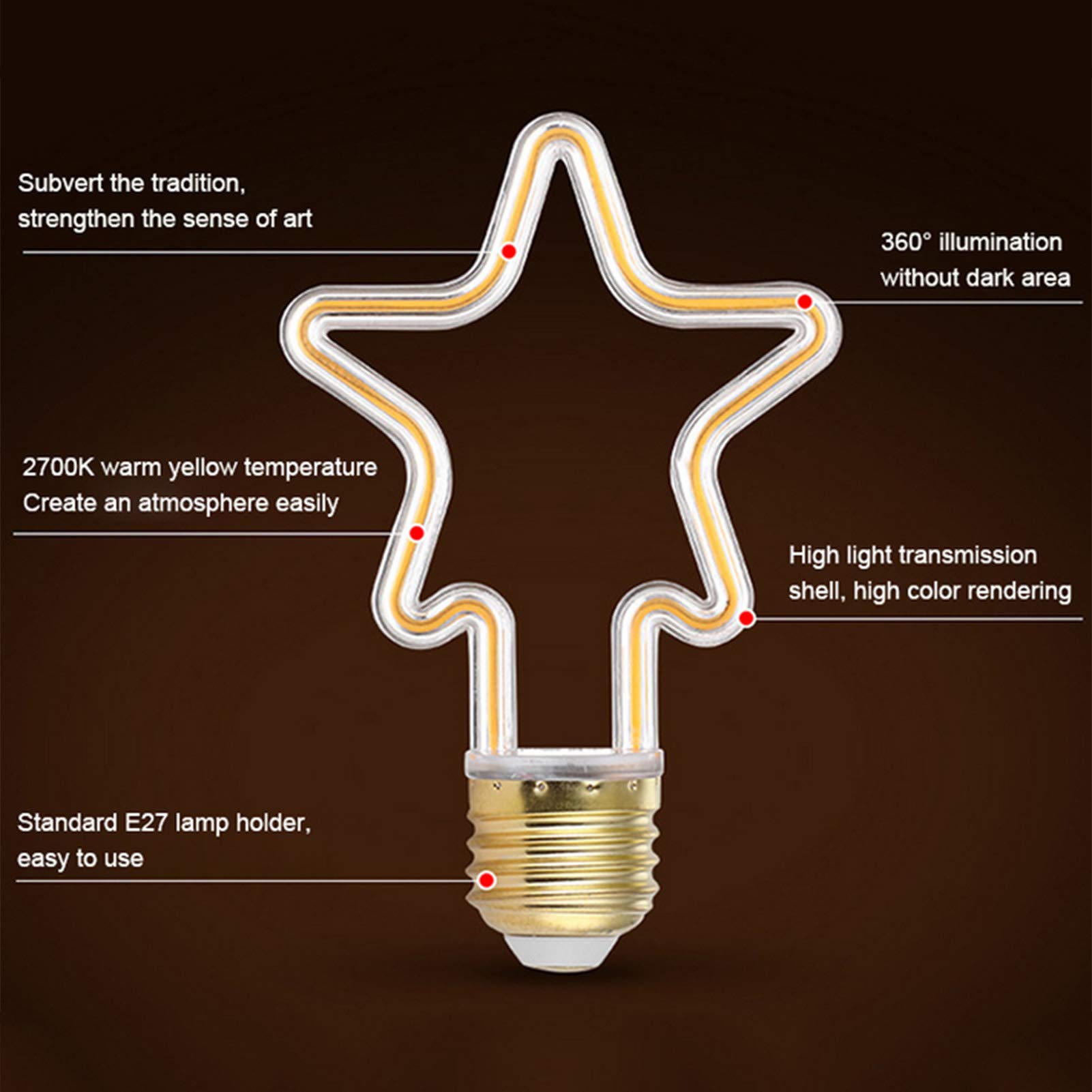 Bombilla LED Edison diseño irregular CA 320 lm Bombilla luz blanca cálida Creatividad Luz nocturna estrella Bombilla LED filamento suave festivales, luces decoración romántica familiar, paquete 10, b