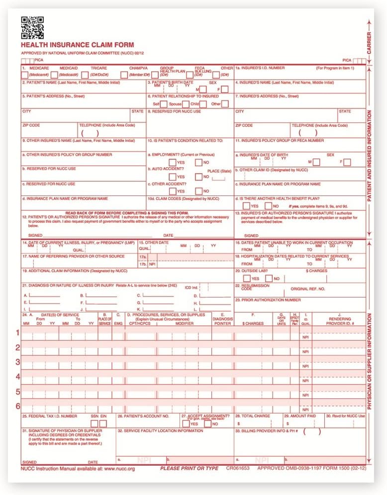 New CMS 1500 Health Insurance Claim Forms, HCFA Approved Version (02/12) - 1,000 Forms