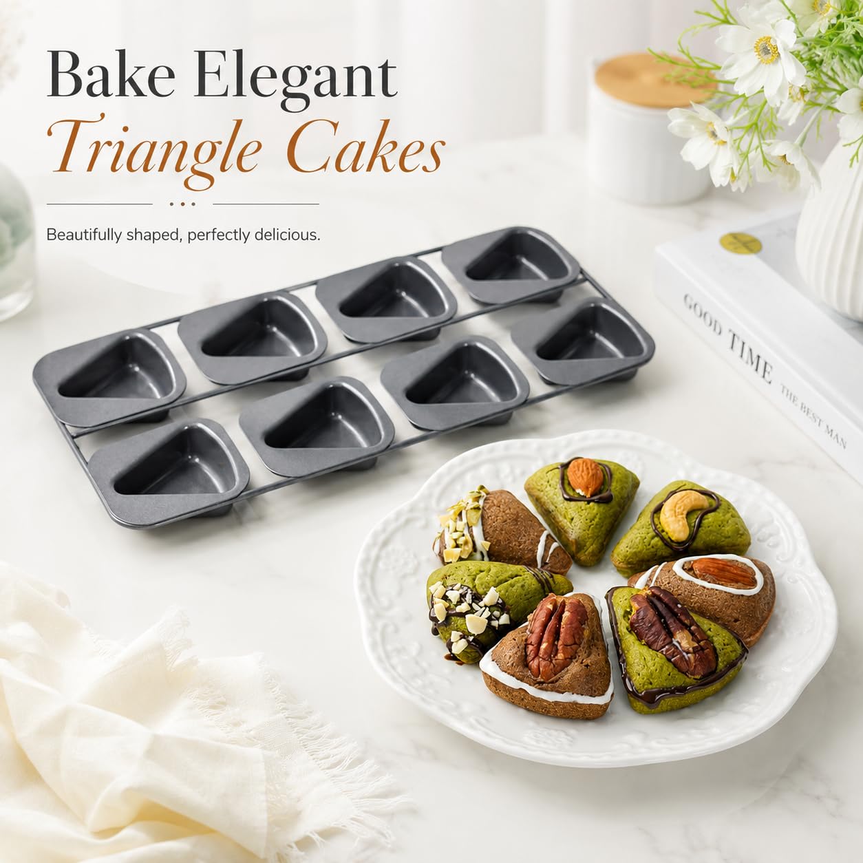 Paquete De 2 Moldes Para Hornear Pasteles Triangulares De 8 Cavidades | Dos sartenes de acero al carbono con Ocho cavidades triangulares conectadas cada una para mini pasteles