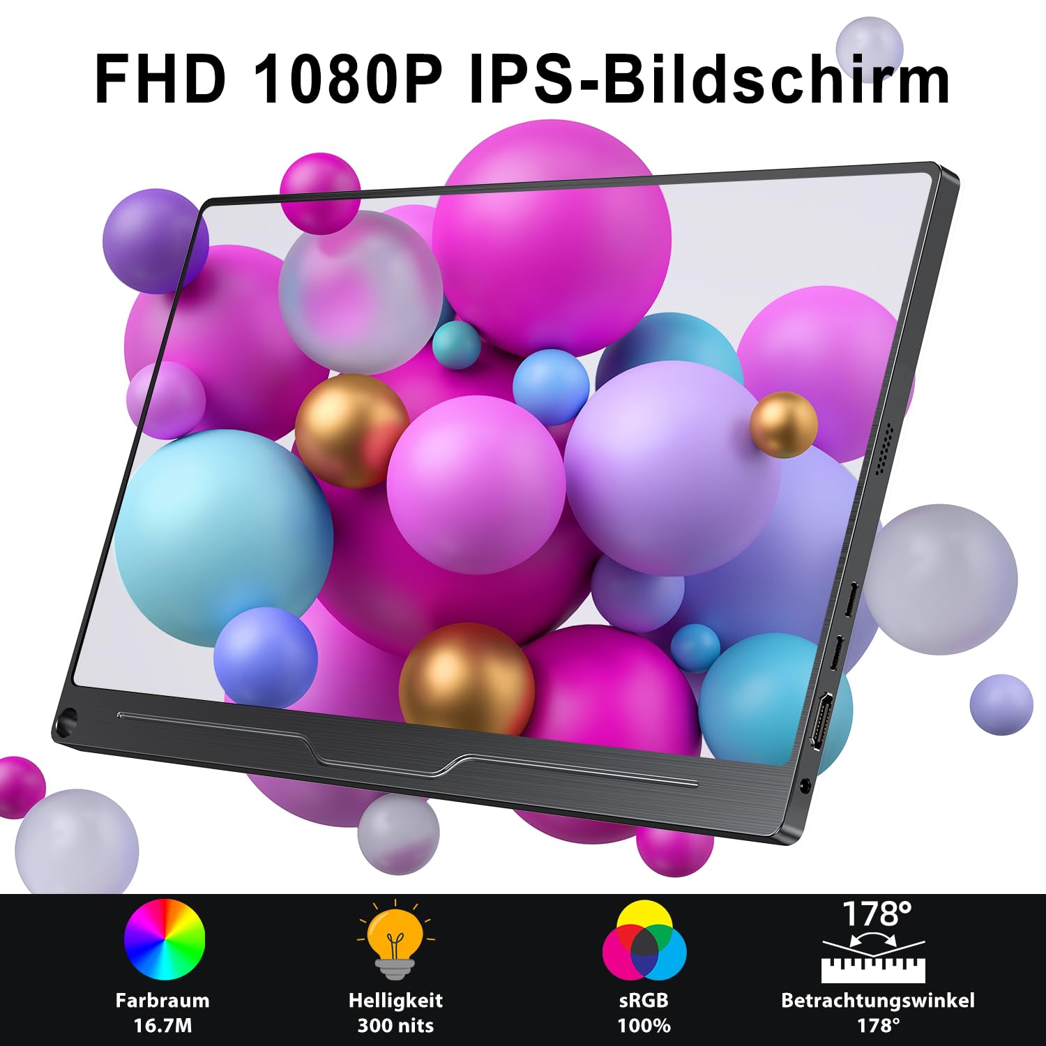 UPERFECT Tragbarer Monitor 15,6 Zoll Full HD IPS 1920x1080 HDMI USB-C VESA Schwarz