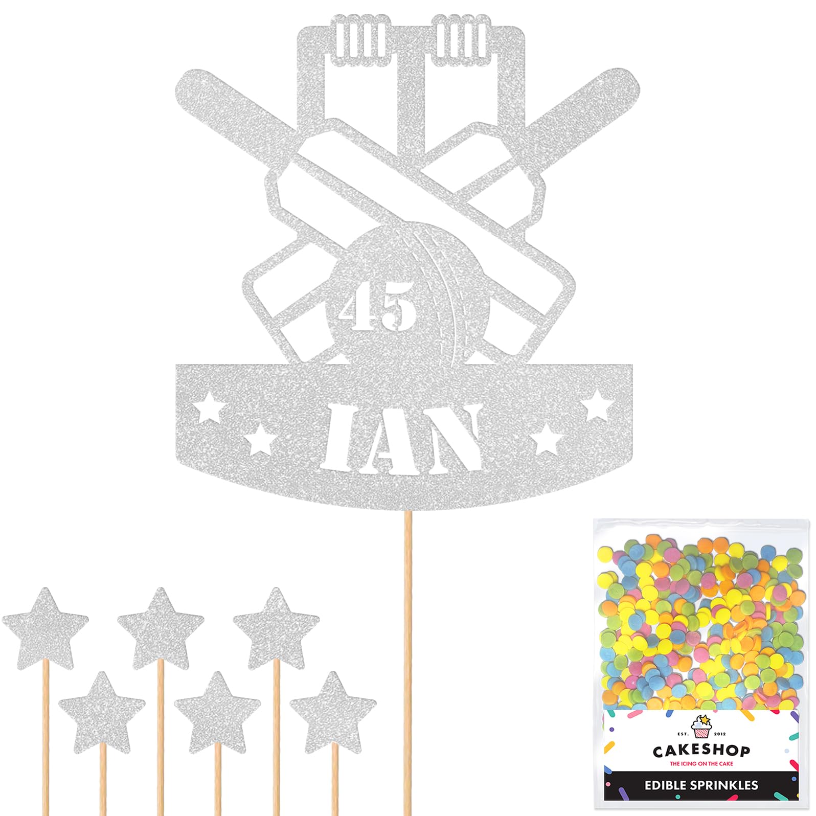 Personalised Cricket Wicket Bat Ball Glitter Cake Topper Lt Silver Custom Age & Name Glitter Cake Decoration and Sprinkles - Happy Birthday Decorations - Personalised Toppers for Cakes by Cakeshop โ image 1