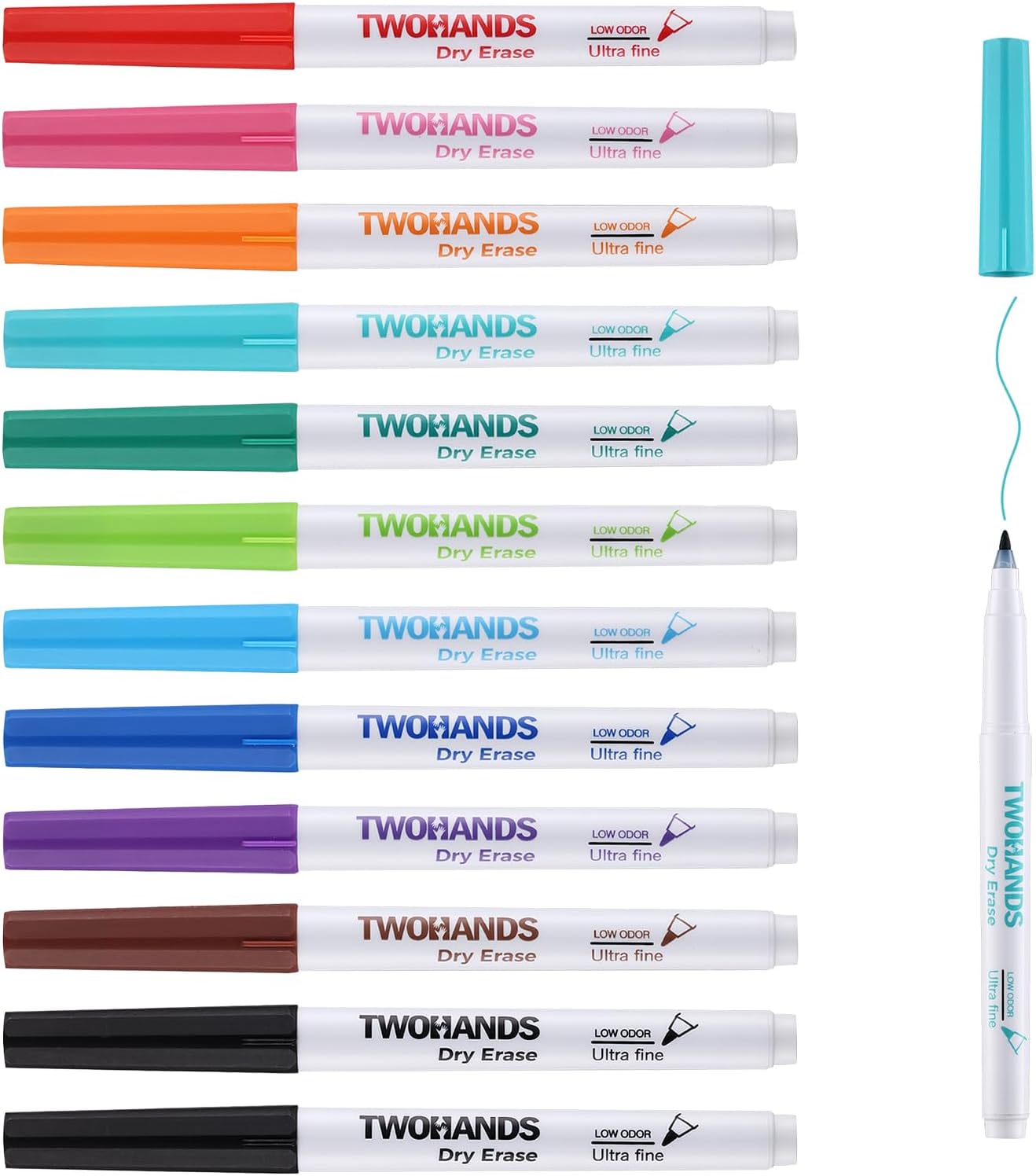 TWOHANDS Whiteboard Markers Dry Wipe Pens Ultra Fine Tip,0.7mm,Low Odor,Extra Fine Point Dry Erase Markers,11 Assorted Colors,12 Count,20529