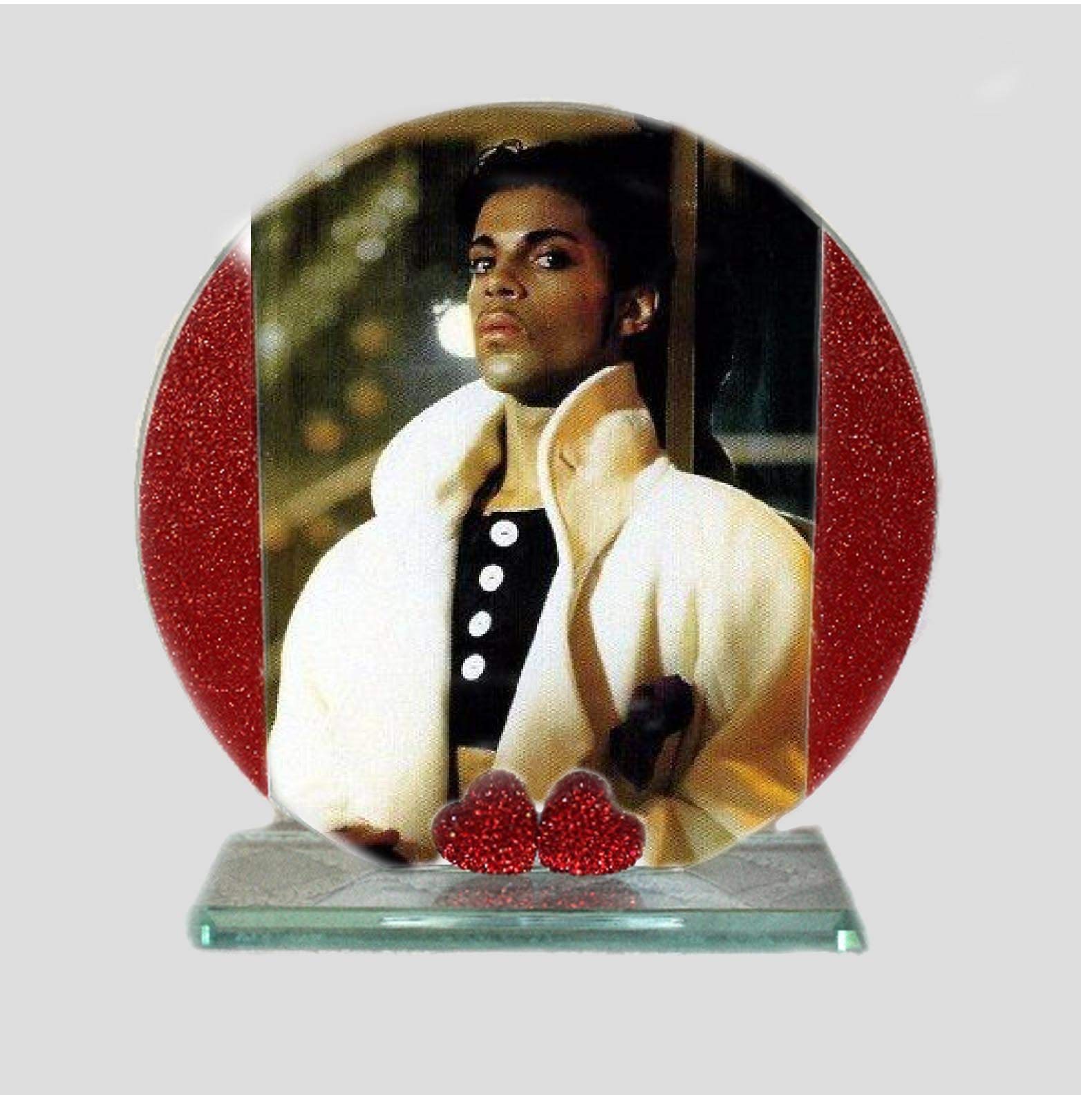Prince, White Coat, 1999, Cut Glass Round Plaque, Red Heart Diamante & Red & Silver Sides Design Limited Edition #1