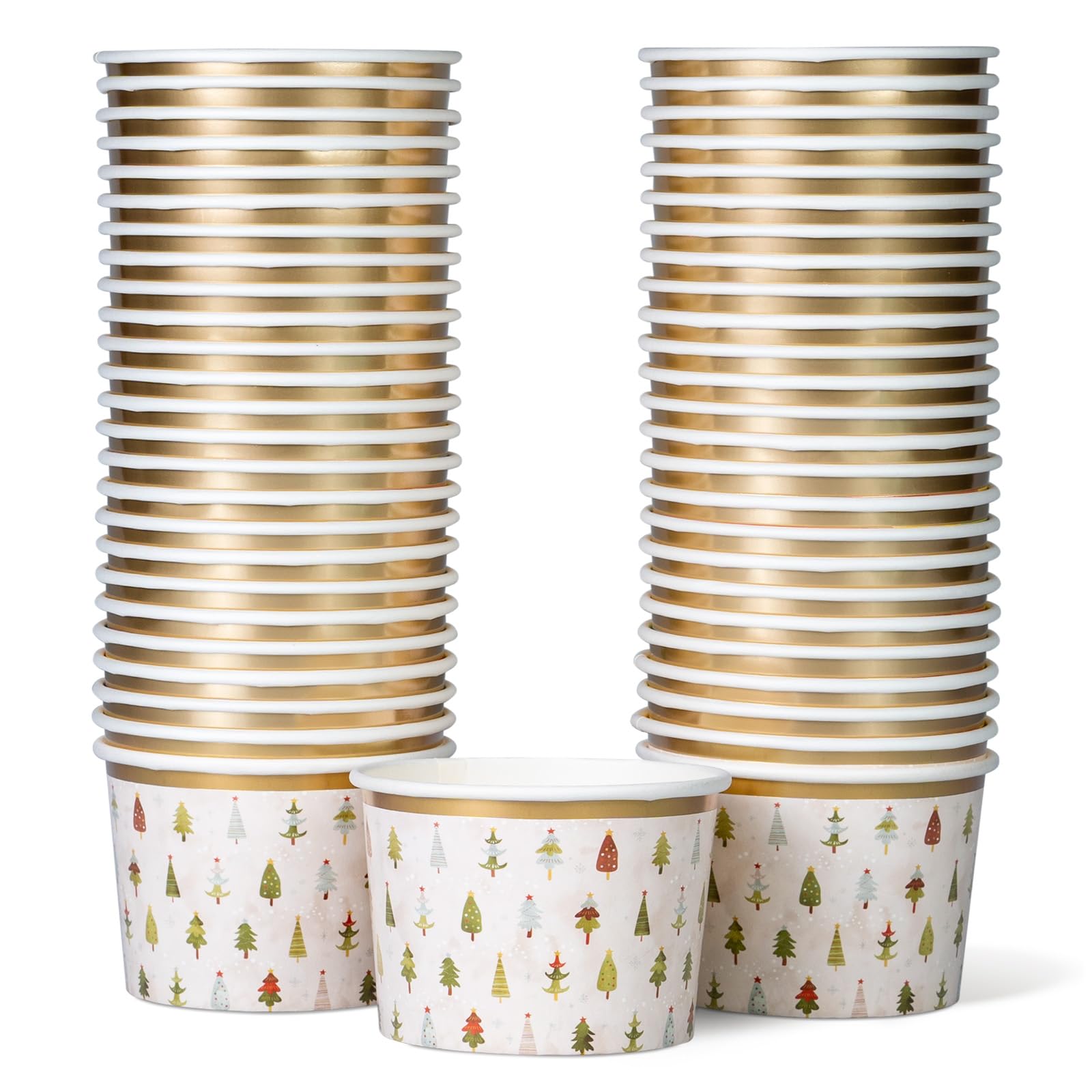 Paper Ice Cream Cups, 50-Count 250ml Disposable Dessert Bowls for Hot or Cold Food, 250ml Christmas Party Supplies Treat Cups, Handdrawn Christmas Trees, Gold Foil โ image 1