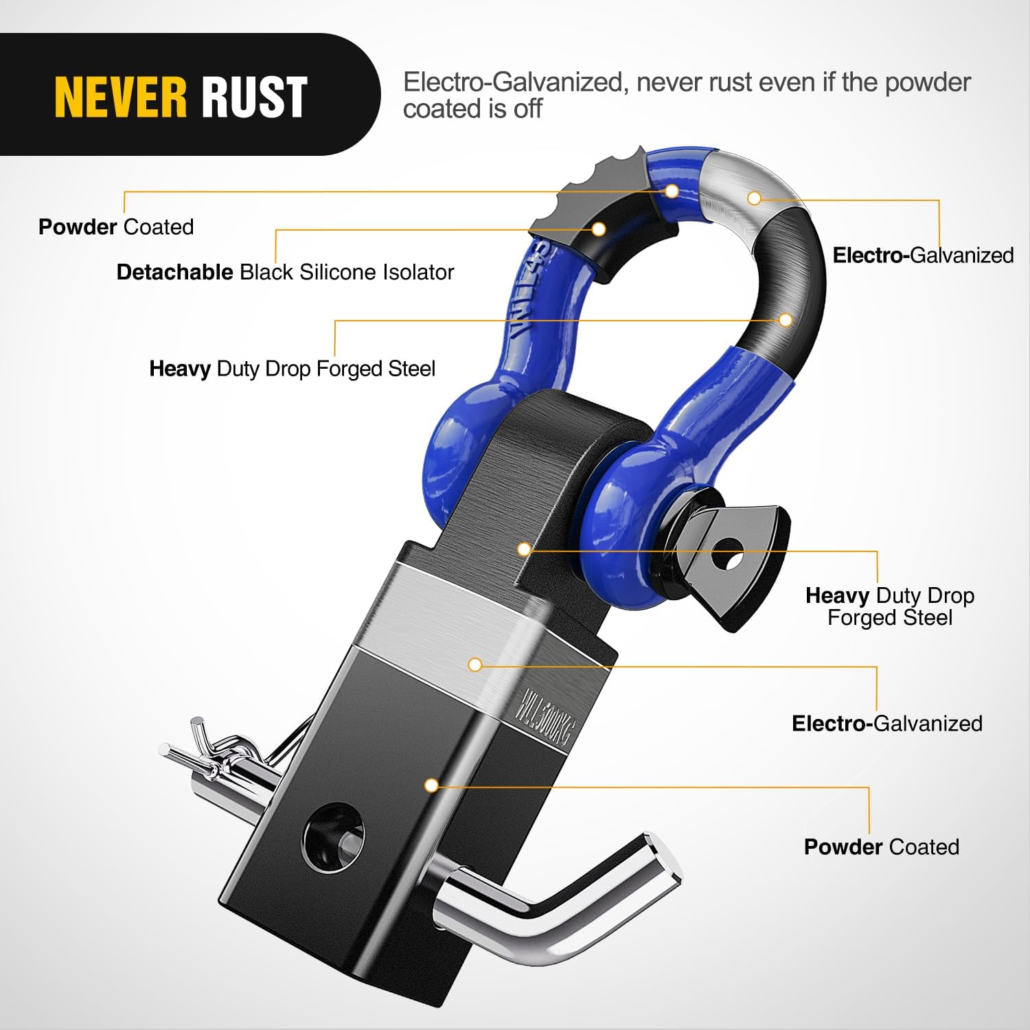 Nilight Shackle Hitch Receiver 2Inch 45000 LBs Breaking Strength 3/4" D Ring Trailer Pin Heavy Duty Solid Recovery Towing Kit for Trucks Jeeps Off-Road - Image 3