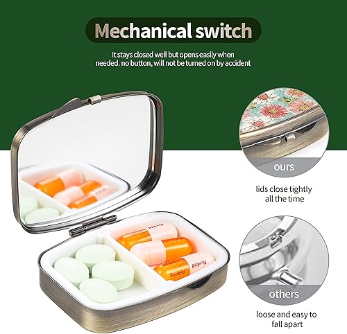 Miniatura 3 de Dynippy Pastillero con espejo, bolsillo retro, 2 compartimentos, organizador de píldoras de vitaminas para bolsa de bolsillo y viajes (A-flor de