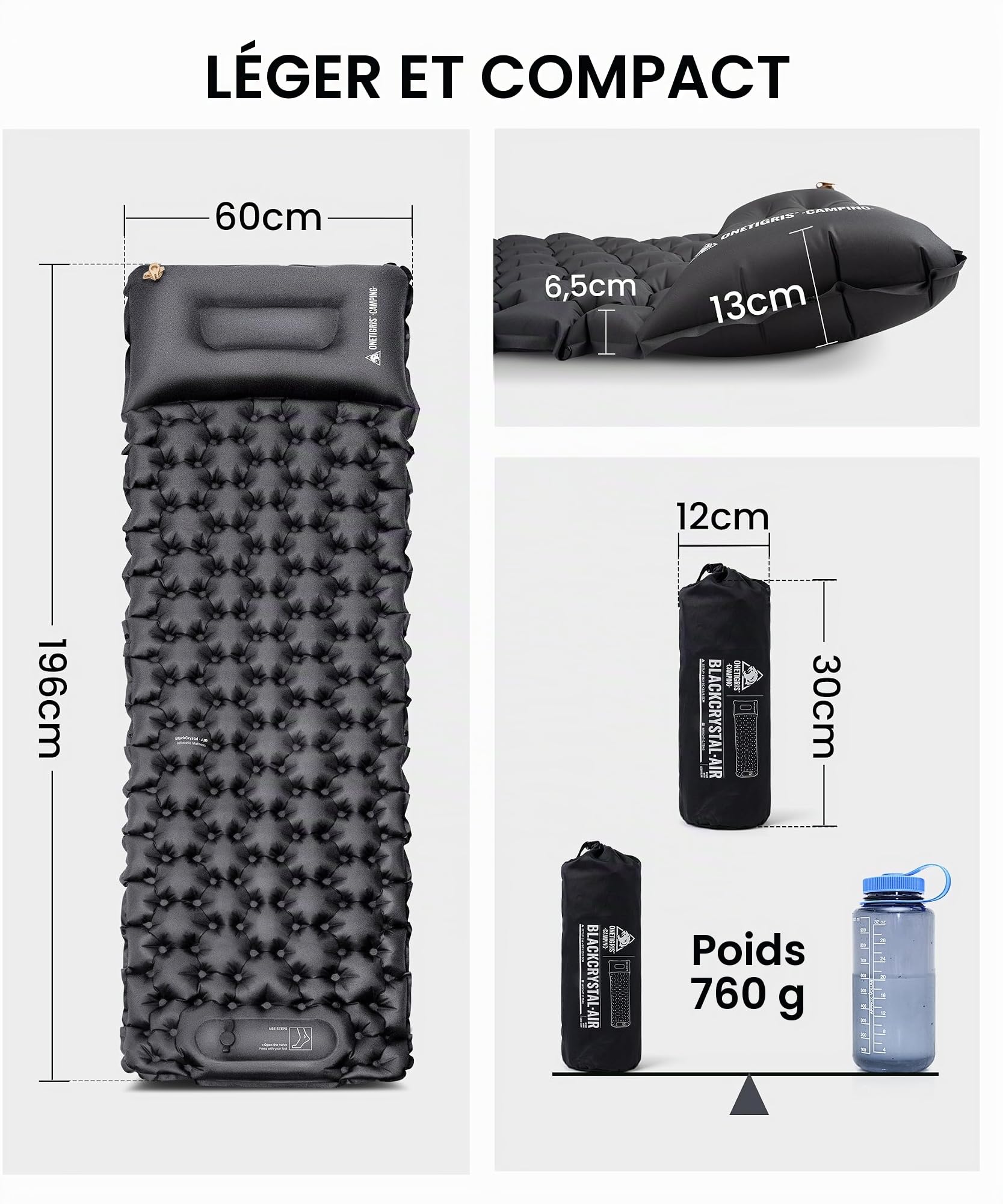 OneTigris BLACKCRYSTAL Matelas isolant autogonflant ultra léger, oreiller et matelas gonflable compact pour tente, camping, tourisme et randonnée