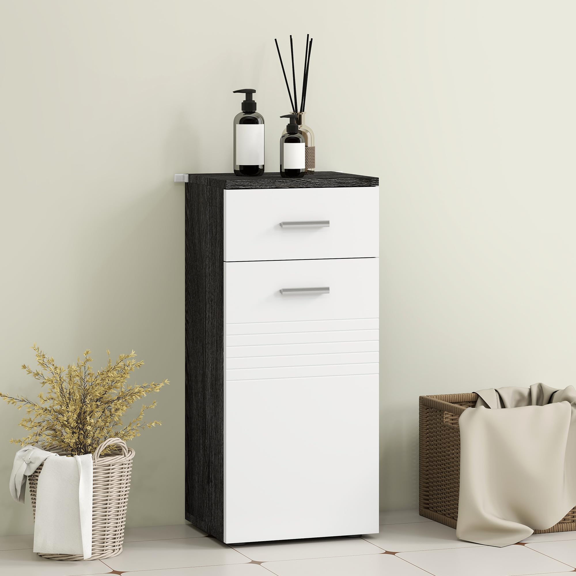kleankin Mobile Bagno con Cassetto e Armadietto a un'Anta, Mobiletto da Bagno Salvaspazio in Legno, Armadietto per Sala da Pranzo, Salotto, Soggiorno, Cucina, 35x30x77.5 cm, Bianco e Nero