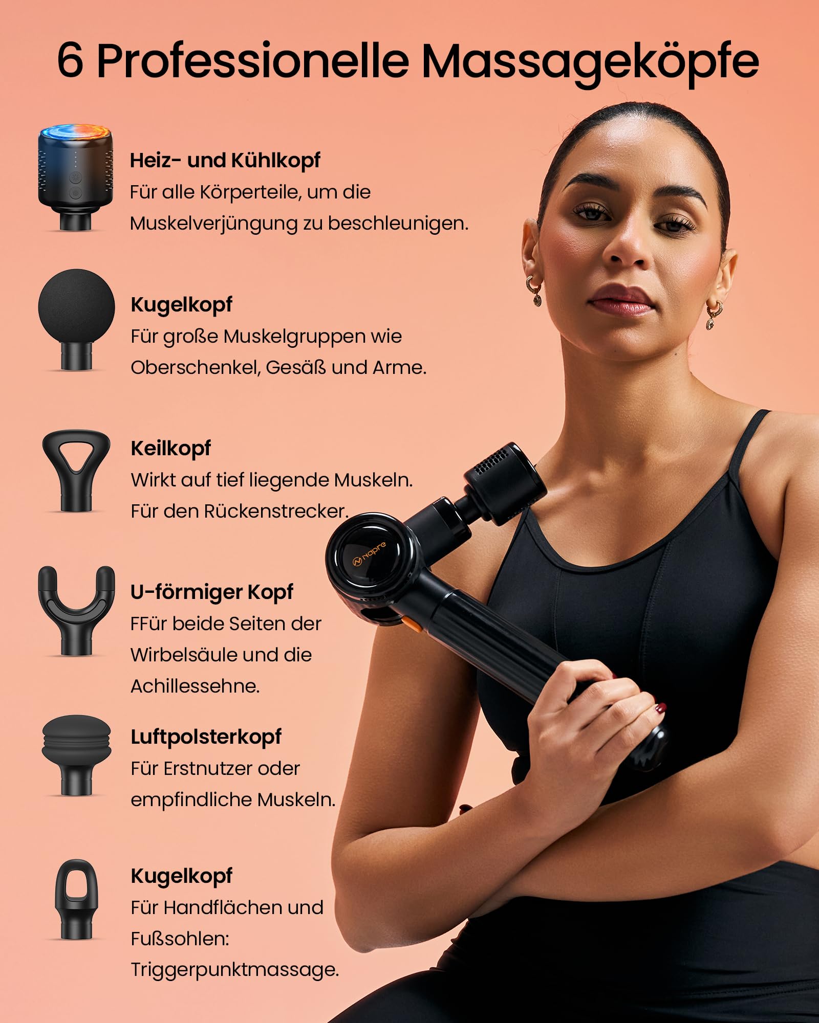 Massagepistole mit Wärme und Kälte,NAPRE Massage Gun Massage Pistole mit Verlängerungsgriff,Einstellbaren Winkeln,Muskel Percussion Massagegerät für Rücken,Nacken,Körper Entspannung,6 Köpfe & Koffer