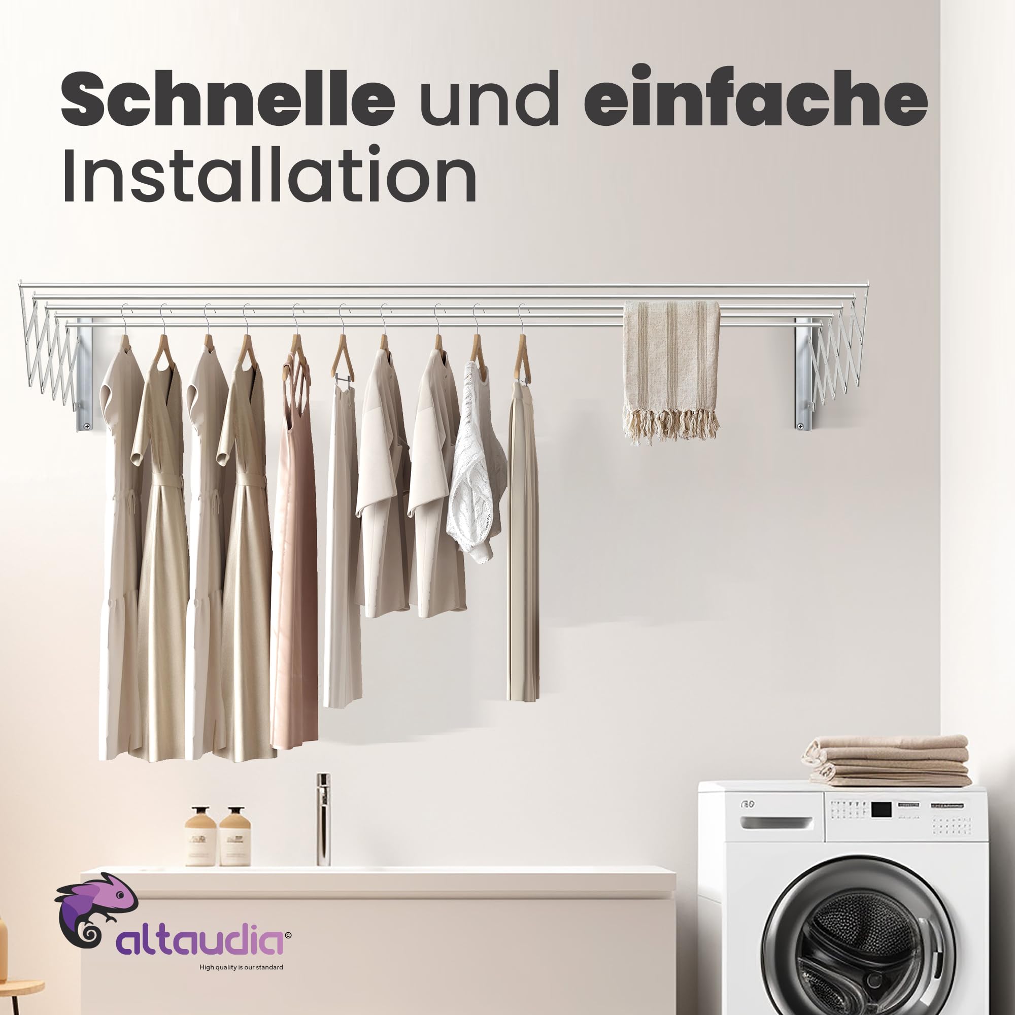Wandtrockner Ausziehbar 120cm Antioxidans – Unsichtbar und Klappbar mit 6 Aluminiumstangen, Ausziehbar 9.5–60 cm, Wandmontage innen Oder Außen, Einfache Montage, Sichtbar