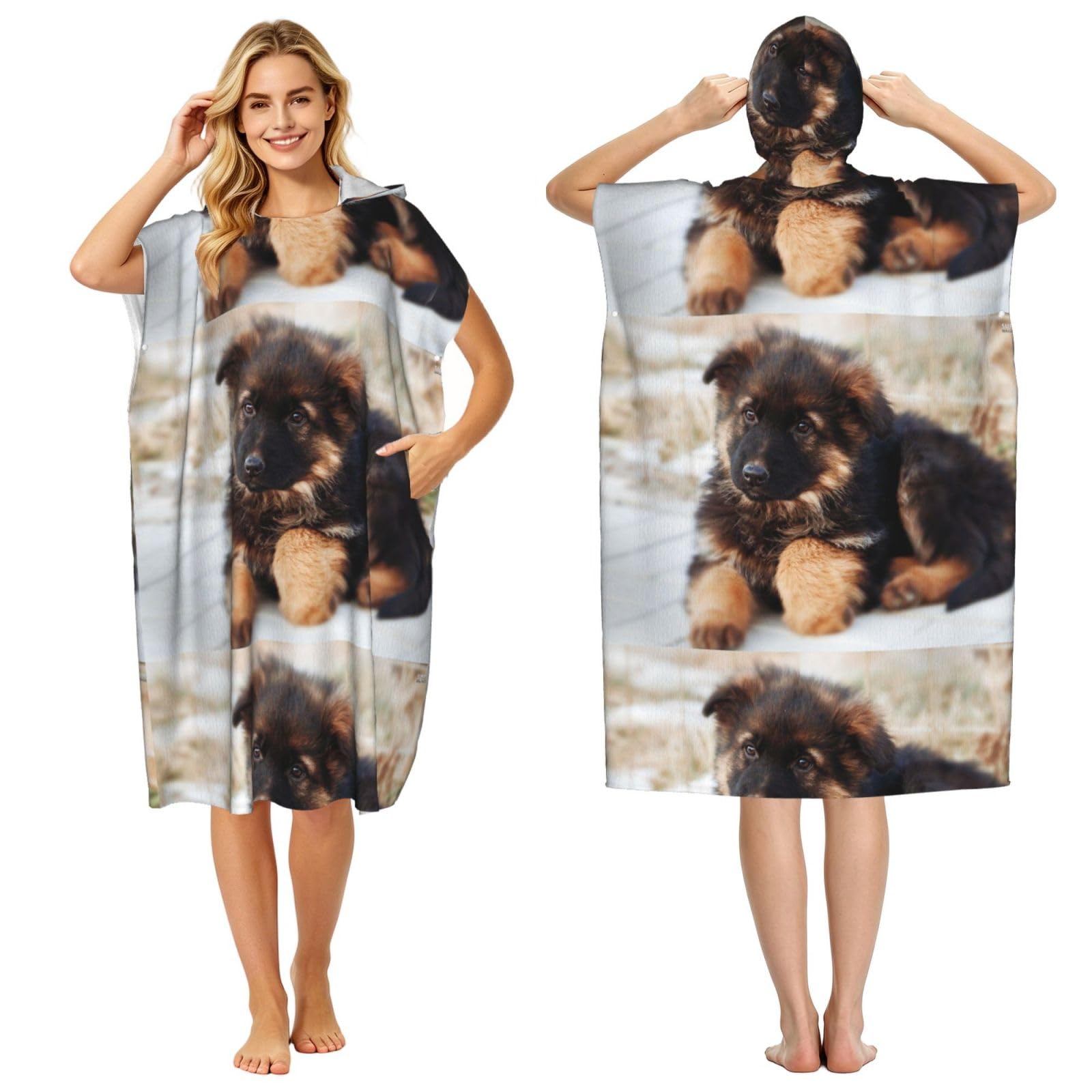 Poadnly German Shepherd Puppy, Adult Hooded Beach Towel 90 x 110 cm,Changing Bath Robe, Surf Poncho Towel For Women Men