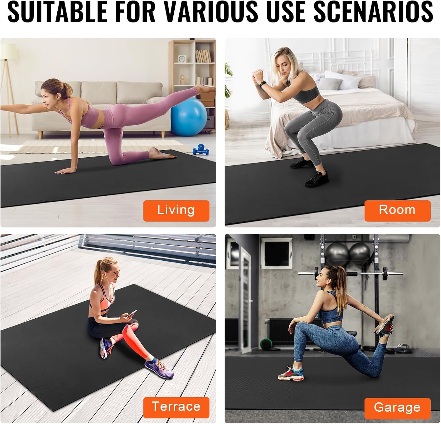 VEVOR Large Exercise Mat, 12'x6'/10'x6'/9'x6'/8'x6'/8'x5'/7'x5'/6'x4' (7mm) Extra Thick, Non Slip High Density Premium Workout Mat, Exercise Yoga Mat for Men & Women, Fitness & Exercise Mat with Bag & Carry Strap, for All Types of Home Yoga, Pilate & Floor Workout