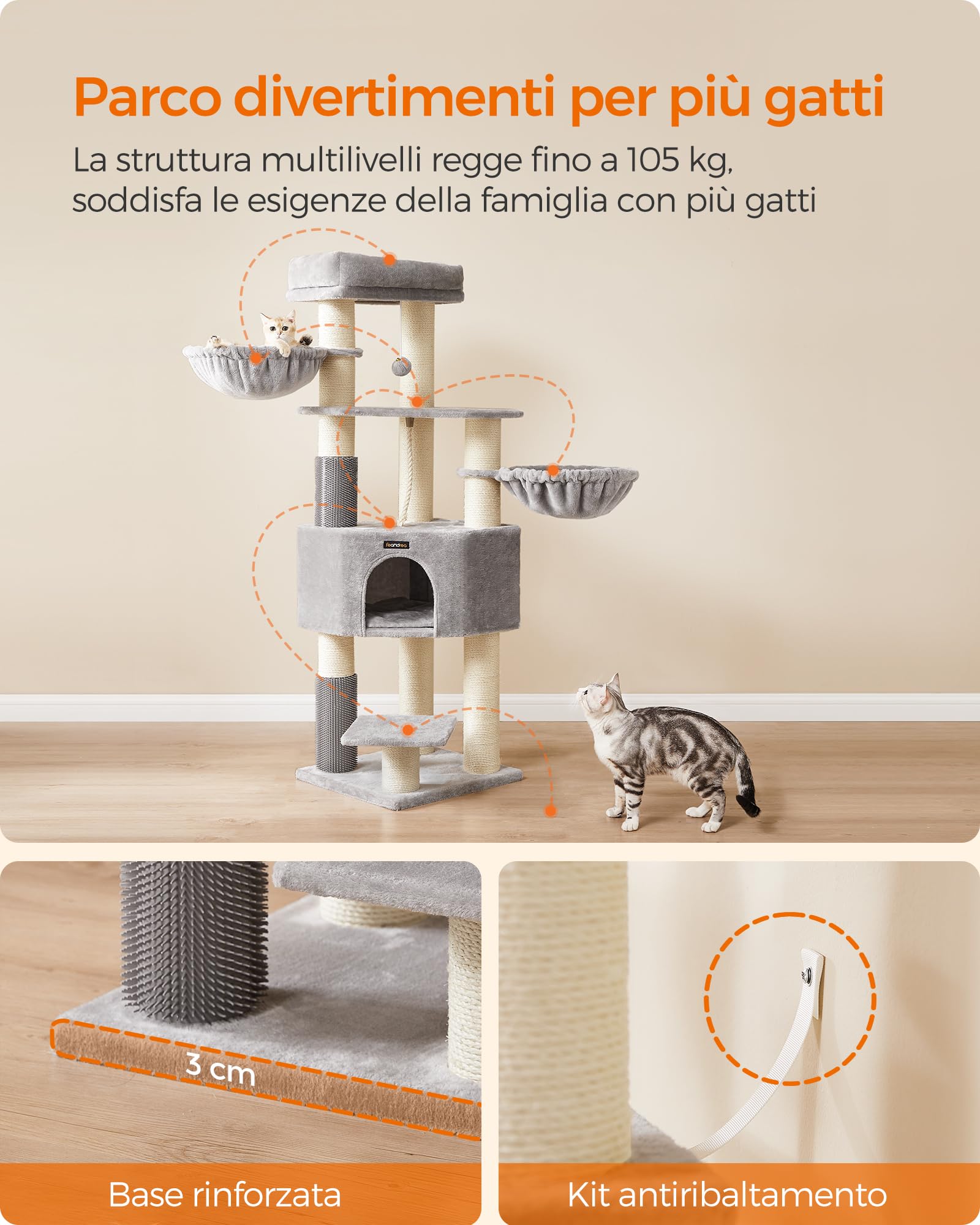 Feandrea Albero per Gatti Grandi, Tiragraffi con Tappeti Autoriscaldanti, Pattine, Graffiatoi, Grotta, Corda Sisal, per Grandi Gatti, 50 x 50 x 160 cm, Grigio Tortora e Bianco Crema PCT003N01