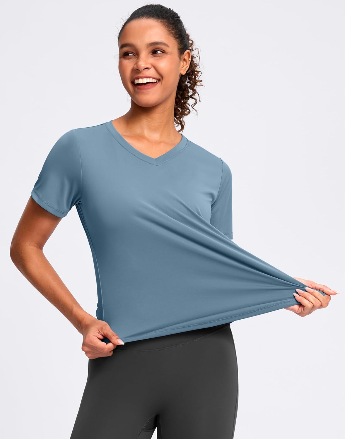 Womens Workout Tops V-Neck Short Sleeve UPF 50+ Sun Shirt Moisture Wicking Quick Dry Top for Gym, Running, Athletic - Image 3