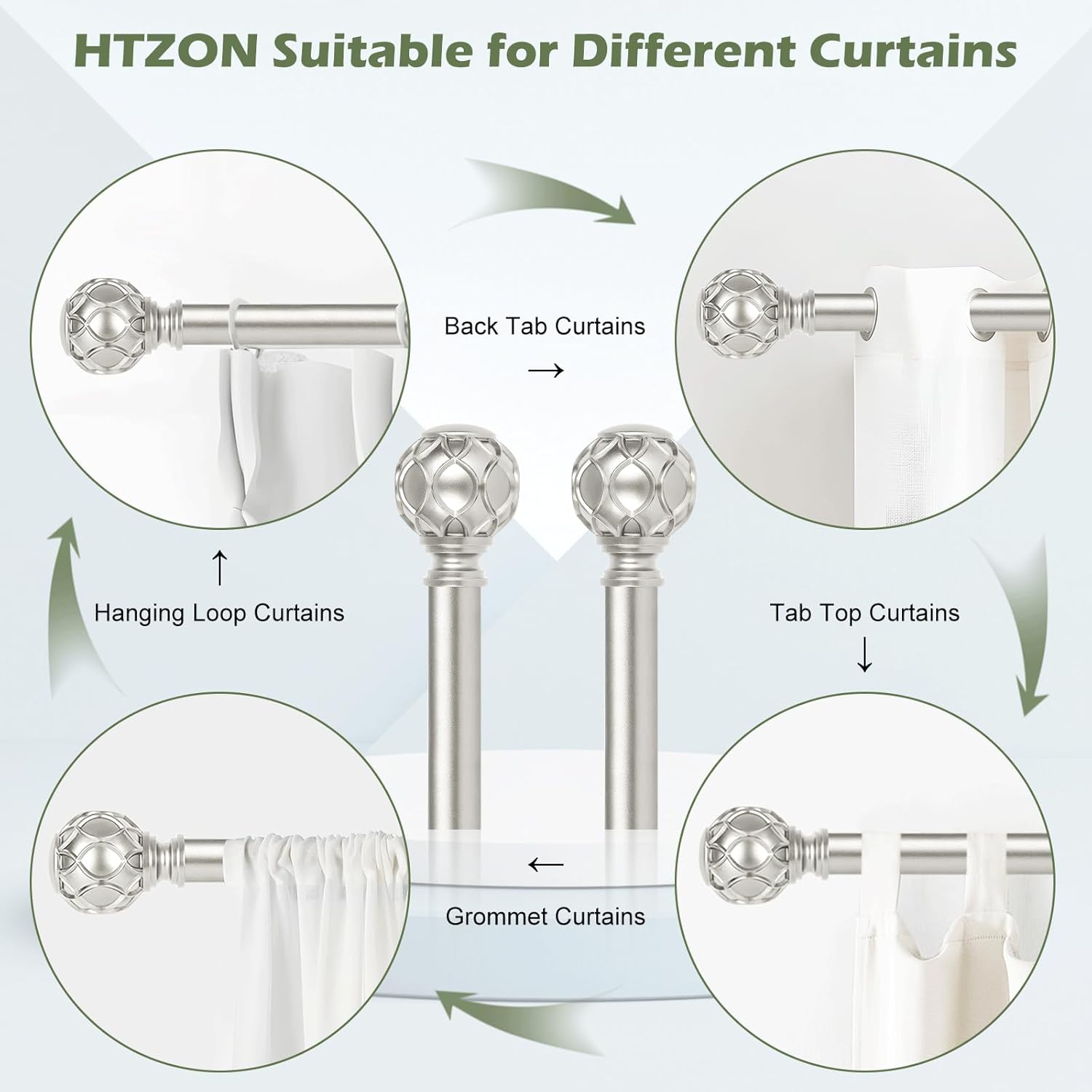 Silver Curtain Rods for Windows:Farmhouse Boho Decorative Curtain Rod for Bedroom Living Room,Heavy Duty Adjustable Rustic Drapery Pole Set with Vintage Coastal Finials,Antique Silver 36-88