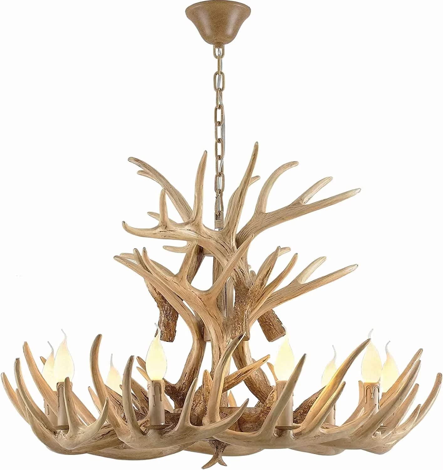 Lustre en bois de cerf d'exception style vintage rustique à 9 lumières