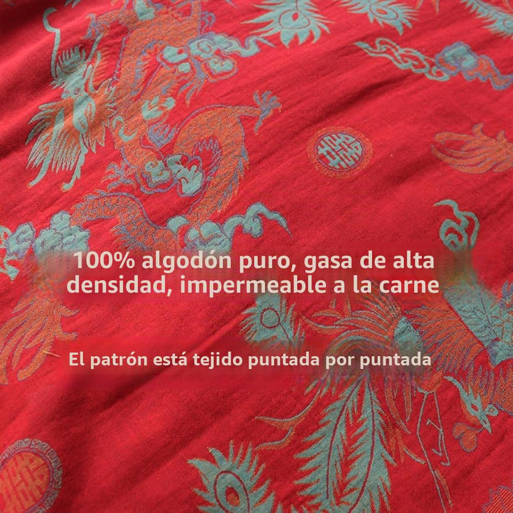 Camisón de Algodón de Doble Gasa Tradicional Hanfu de Longitud Media con Estampado, Cinturón de Lazo, Bata Pijama Holgado, Camisón Cómodo para Sudoración, Yukata, Traje de Sauna, Ropa de Dormir