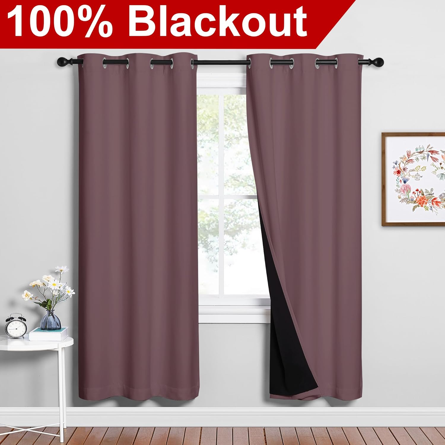 nicetown full shade curtain panels, 37" wide x 70" long, dry rose, pair of thermal insulated & energy efficiency blackout drapes for living room, lined silky performance window dressing dry rose 37"w x 70"l (pack of 2)