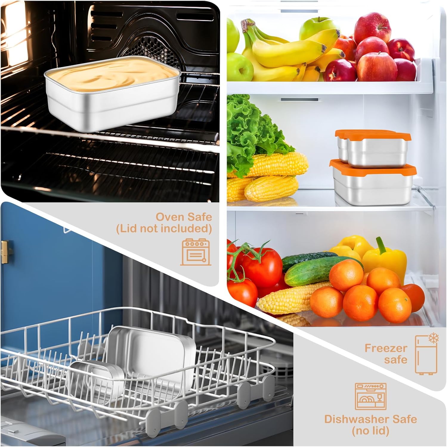 Leonyo Stainless Steel Lunch Containers for Kids, 18/10 Stainless Steel Food Containers with Silicone Lids, Metal Toddler Bento Box, Food Storage Bento Box for Snacks, Sandwiches, Fruits(25oz+8oz*2) - Image 6