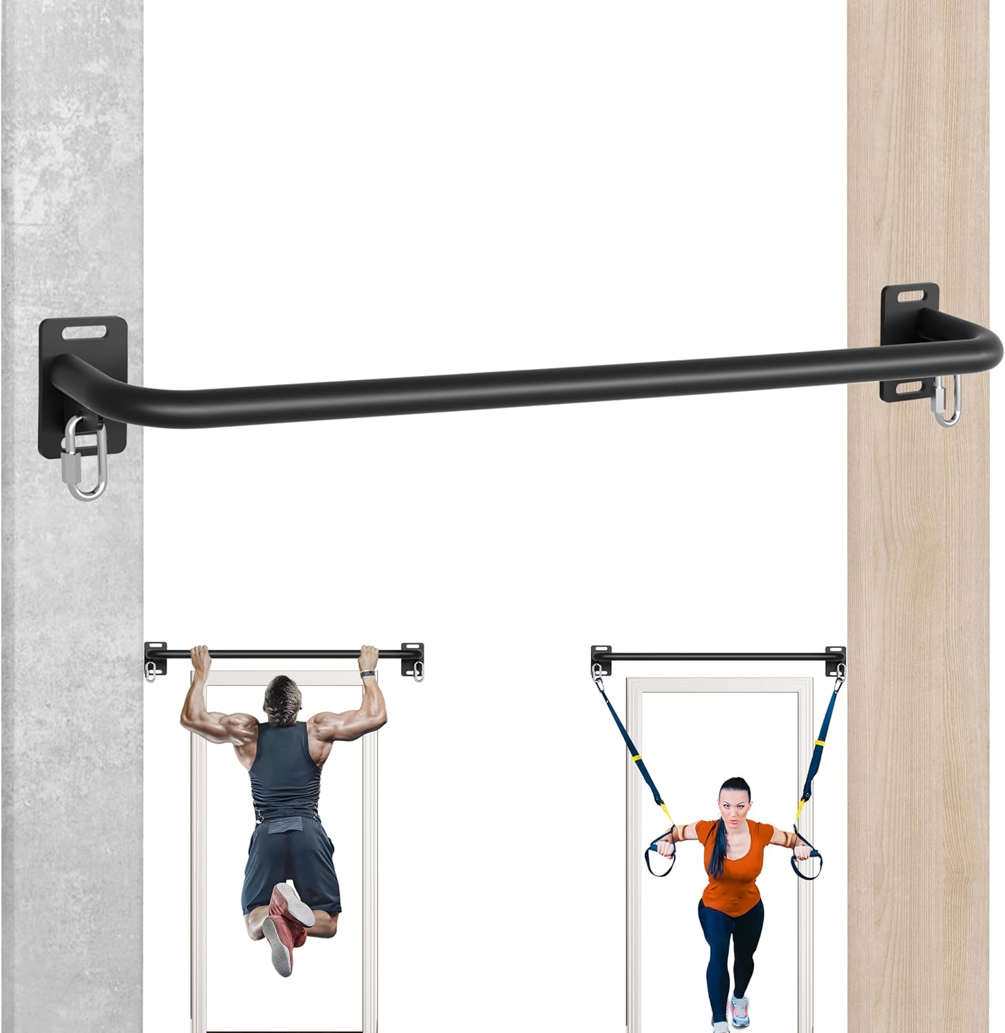 36" Heavy Duty Pull Up Bar Wall/Joist Mounted, 600 LB Capacity, Multi-Grip Bar for Garage & basement rafter Use - All-in-One Workout Station with Carabiners & Space-Saving Design Black