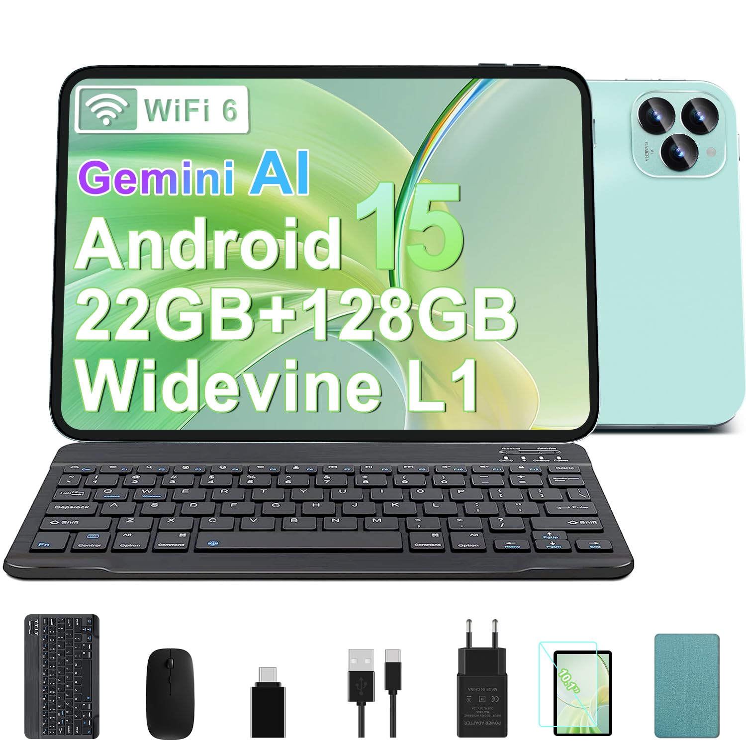 SUAAT 2026 Tablet 10 Zoll Android 15 Octa Core Tablet mit 64 GB ROM + 2 TB TF | 5G + 2,4G WiFi |GMS| Bluetooth 5.0 |8 MP + 5 MP | Typ C,Touchscreen-Tablet mit Hülle, Tastatur und Maus-Blau