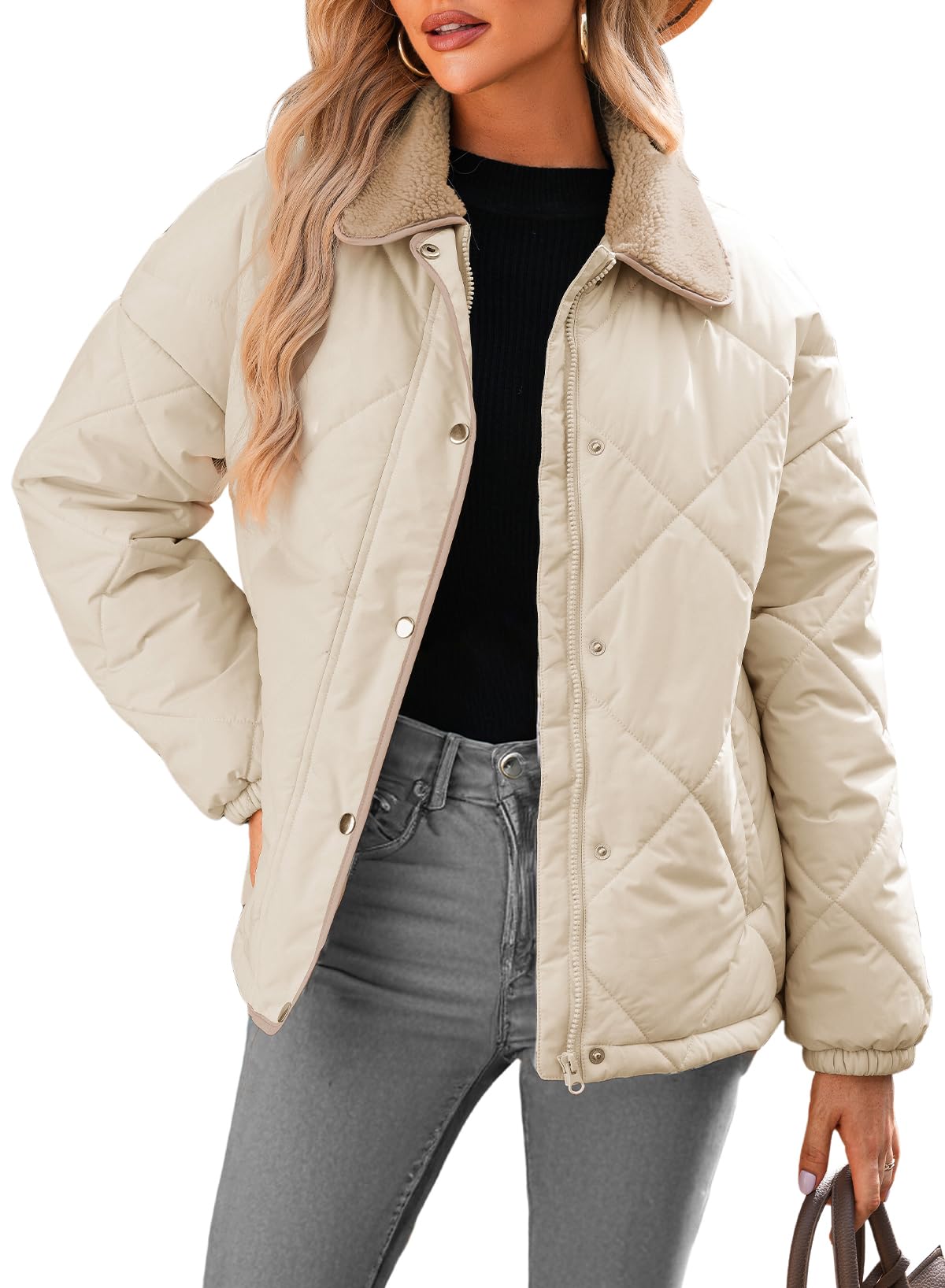 Dokotoo Damen Steppjacke Leichte Übergangsjacke Casual Locker Puffer Jacke Warm Gefüttert Winterjacke Mode Kunstfellkragen Kurzmantel mit Taschen S-XXL