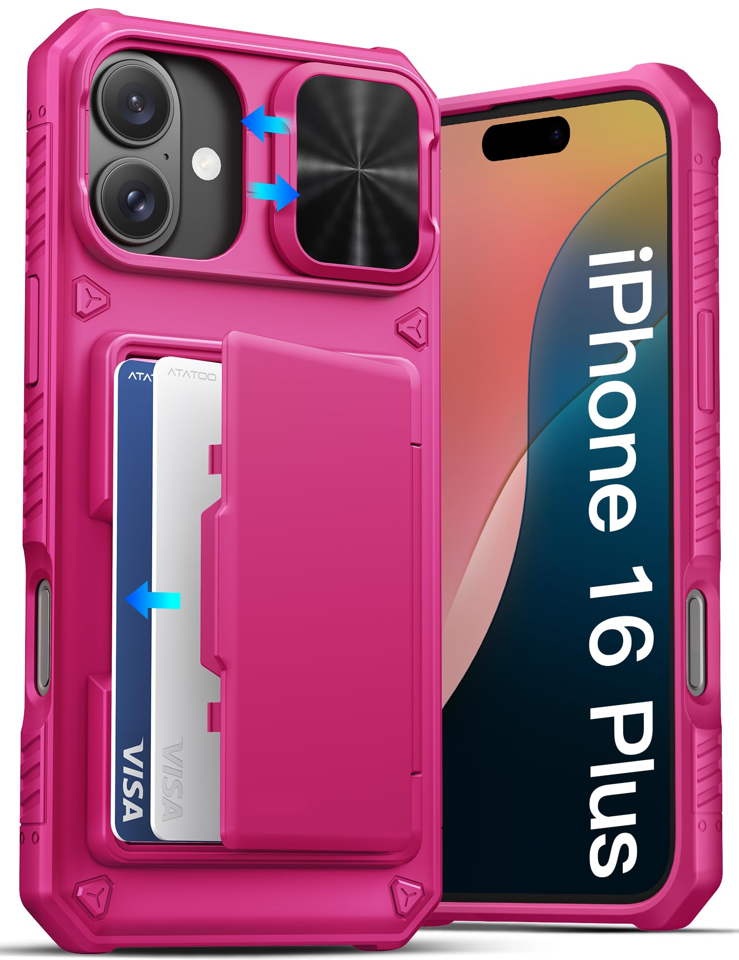 ATATOO for iPhone 16 Plus Case, Built-in Card Holder (Store 3-5 Cards) & Slide Camera Protector, Military Grade Protection, Women Cute Silicone Wallet Case for iPhone 16 Plus 2024, Hot Pink
