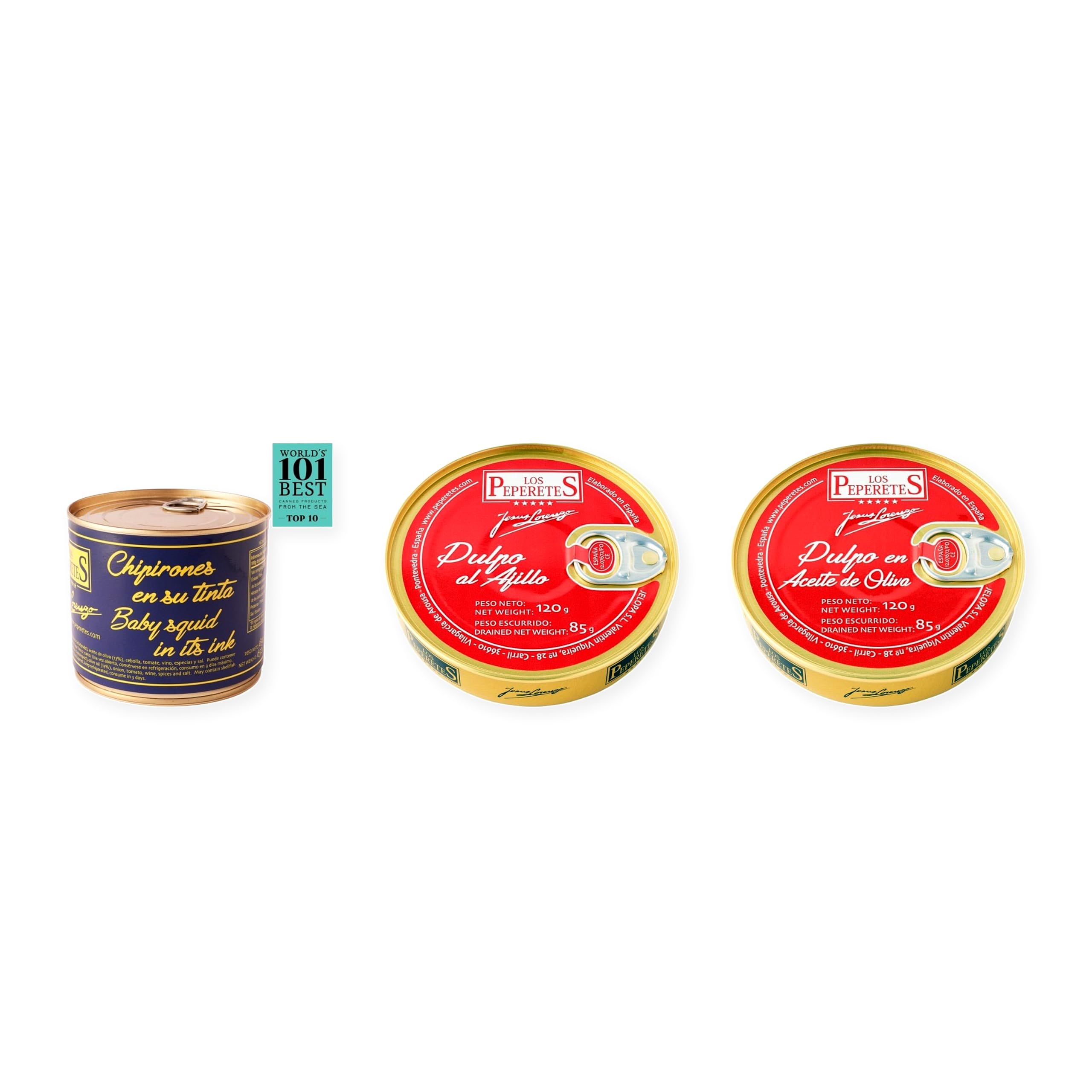 los peperetes conservas Chipirones Tinta 460g, Pulpo Ajillo y Pulpo Aceite Oliva pack 3 latas