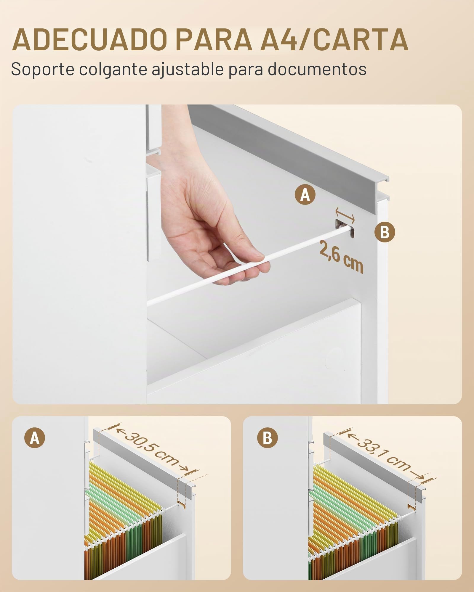 Hzuaneri Cajonera Escritorio, Archivador Móvil con Ruedas, 3 Cajones, para Estudio, Oficina, 40 x 40 x 70 cm, Blanco FC41003X