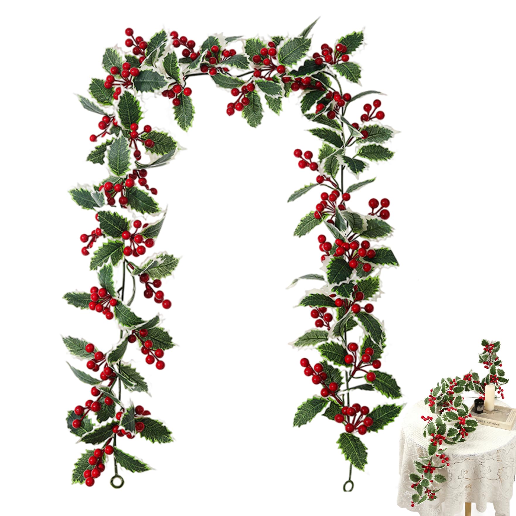 Guirlande de Noël en fausses feuilles de houx végétal toucher réel pour décoration maison