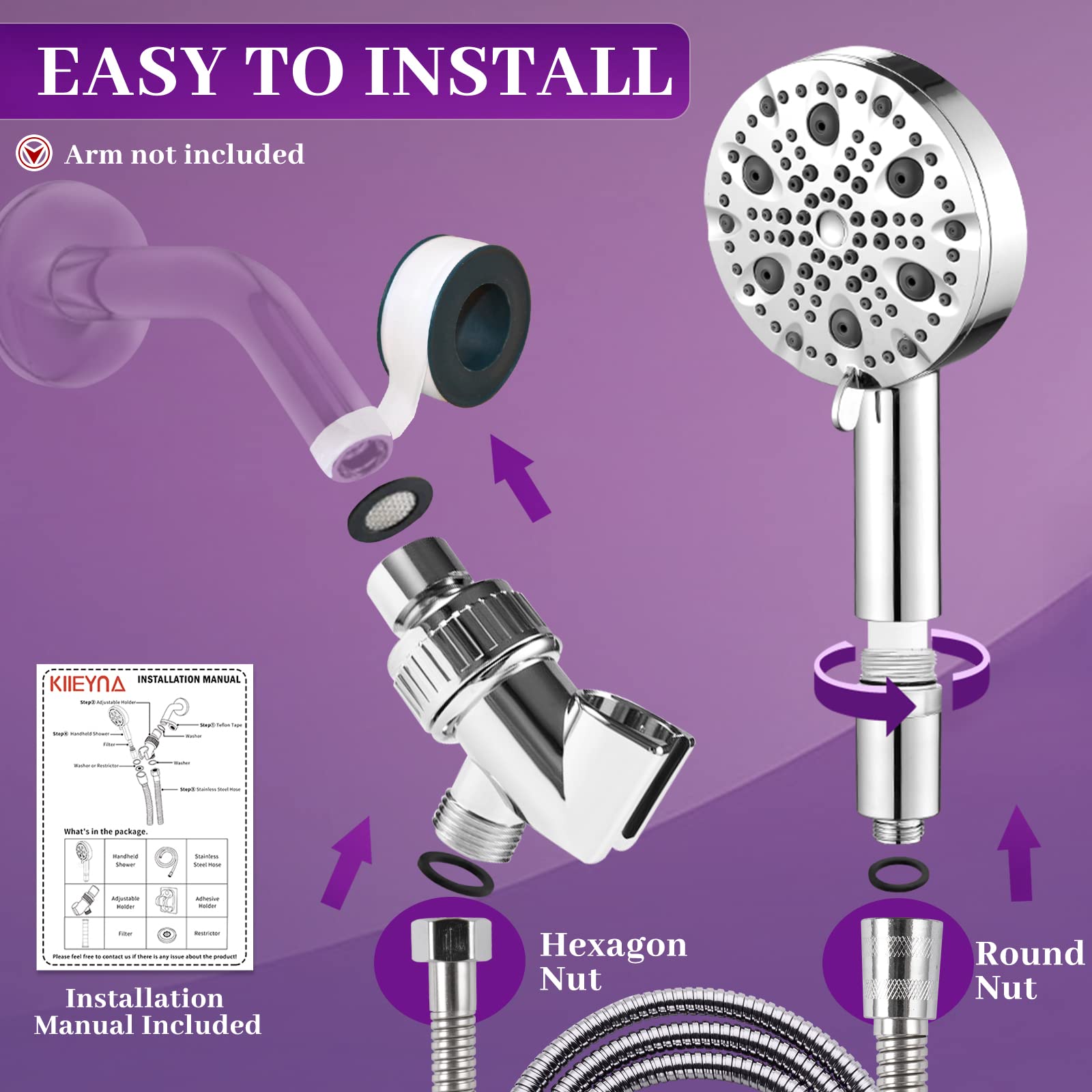 KLLEYNA Filtered Shower Head for Hard Water 9 Spray High Pressure Handheld 2.5GPM Water Softener