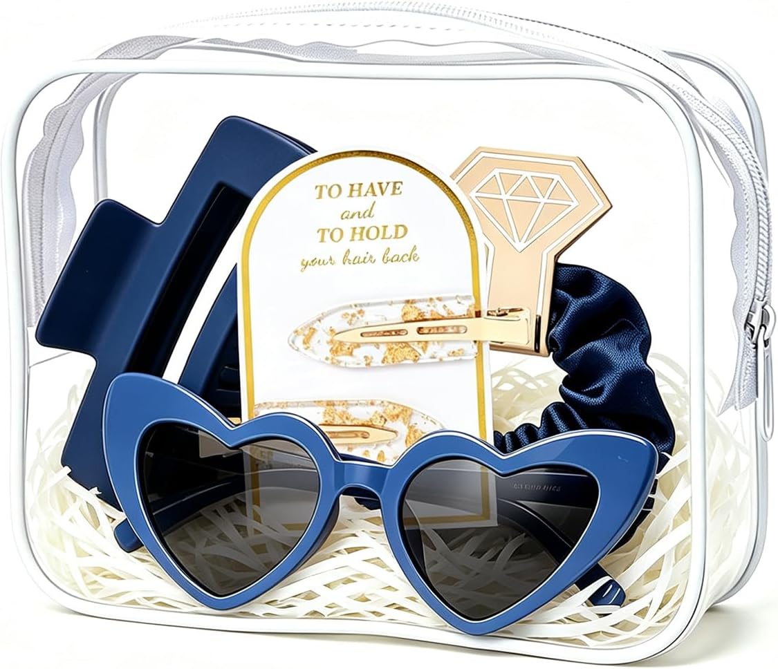 5 Pcs Bridesmaid Proposal Bag Set Gift Clear Makeup Toiletry Bag Bachelorette Party Favors Sunglasses Hair Claw Clips Scrunchies Knot Bracelets Bridal Wedding Party Gifts (navy)