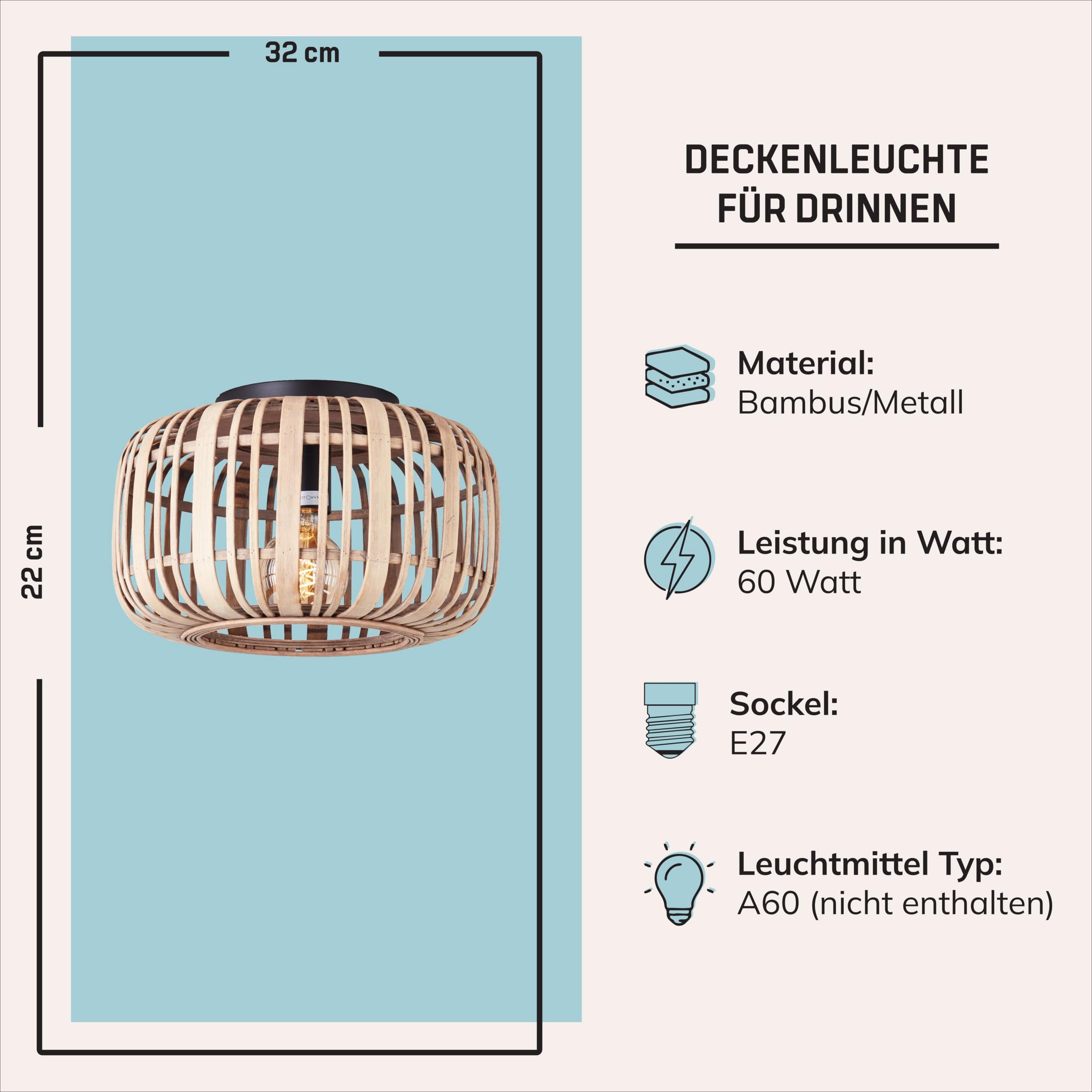 Lightbox Bambus Deckenlampe rund Ø 32 cm, Boho-Stil, E27 Lampe | Natürliche Deckenleuchte fürs Wohnzimmer, Schlafzimmer und den Flur, dekorative Leuchte aus Naturmaterial