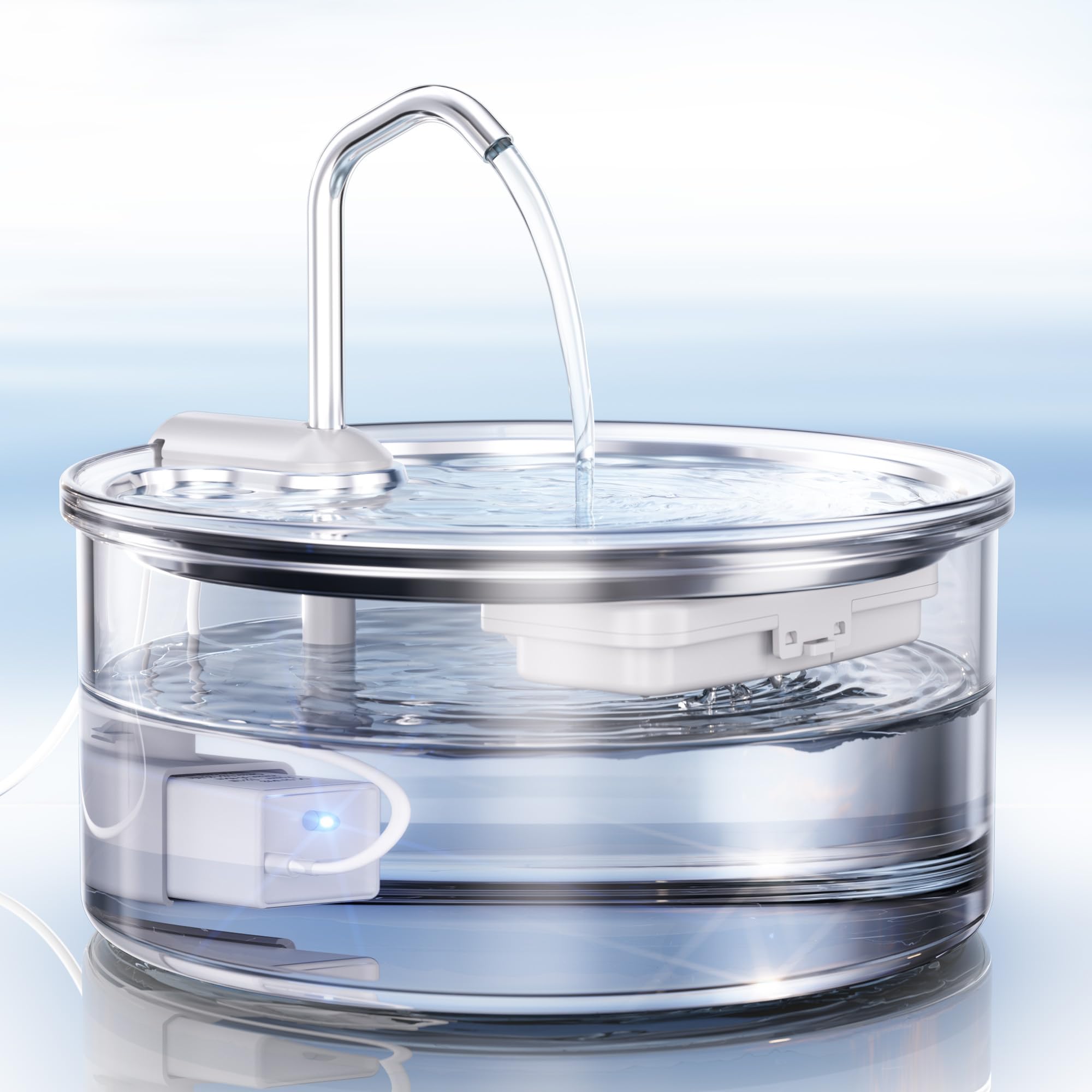 Tomxcute Fuente de Agua de Vidrio de 3,2 L para Gatos y Perros Pequeños | Nivel de agua visible, Súper Silencioso, diseño con grifo y mantenimiento sencillo