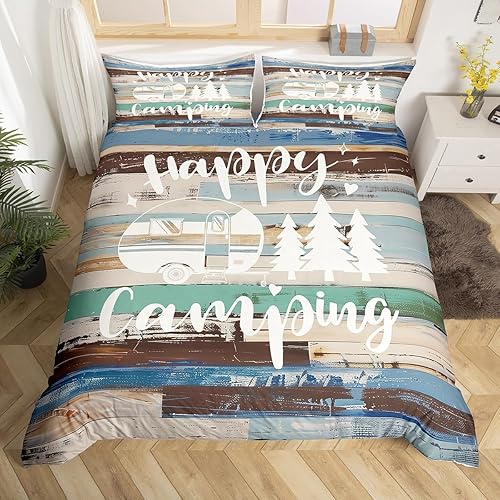 Juego de funda de edredón con diseño de rayas de madera de retazos retro de camping para niños, adolescentes y adultos, estilo rústico con 2 fundas