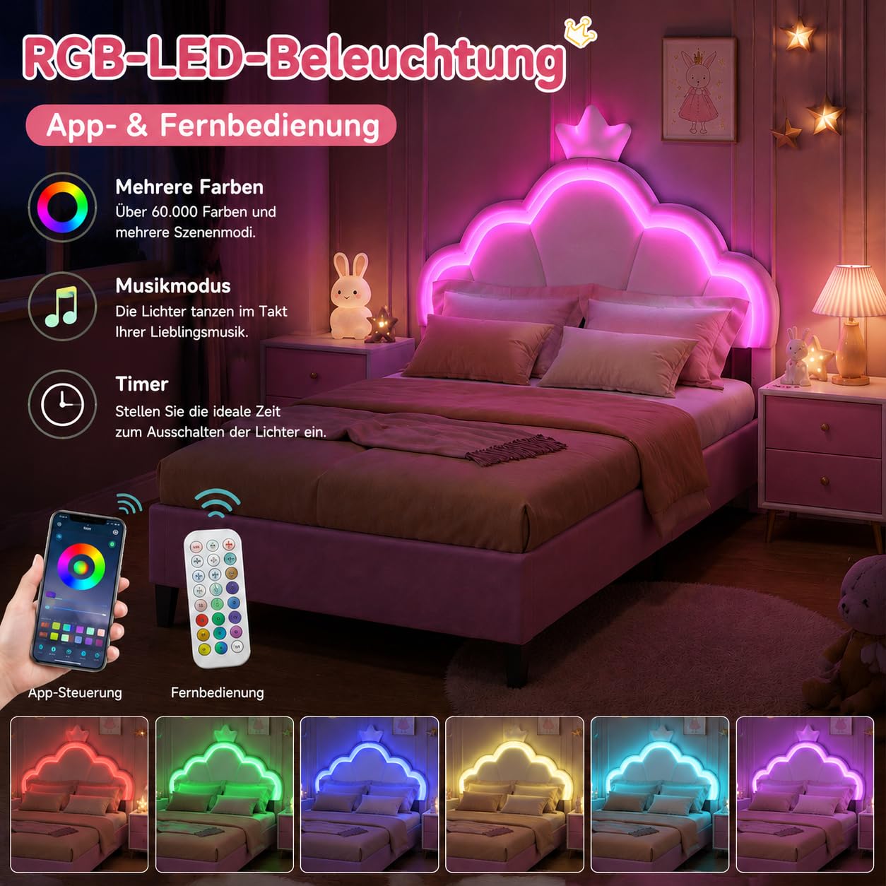 Letto per bambini imbottito 140 x 190 cm, letto matrimoniale a LED per ragazza, telaio letto con testiera regolabile in altezza a forma di corona e rete a doghe, letto da bambina giovane in velluto