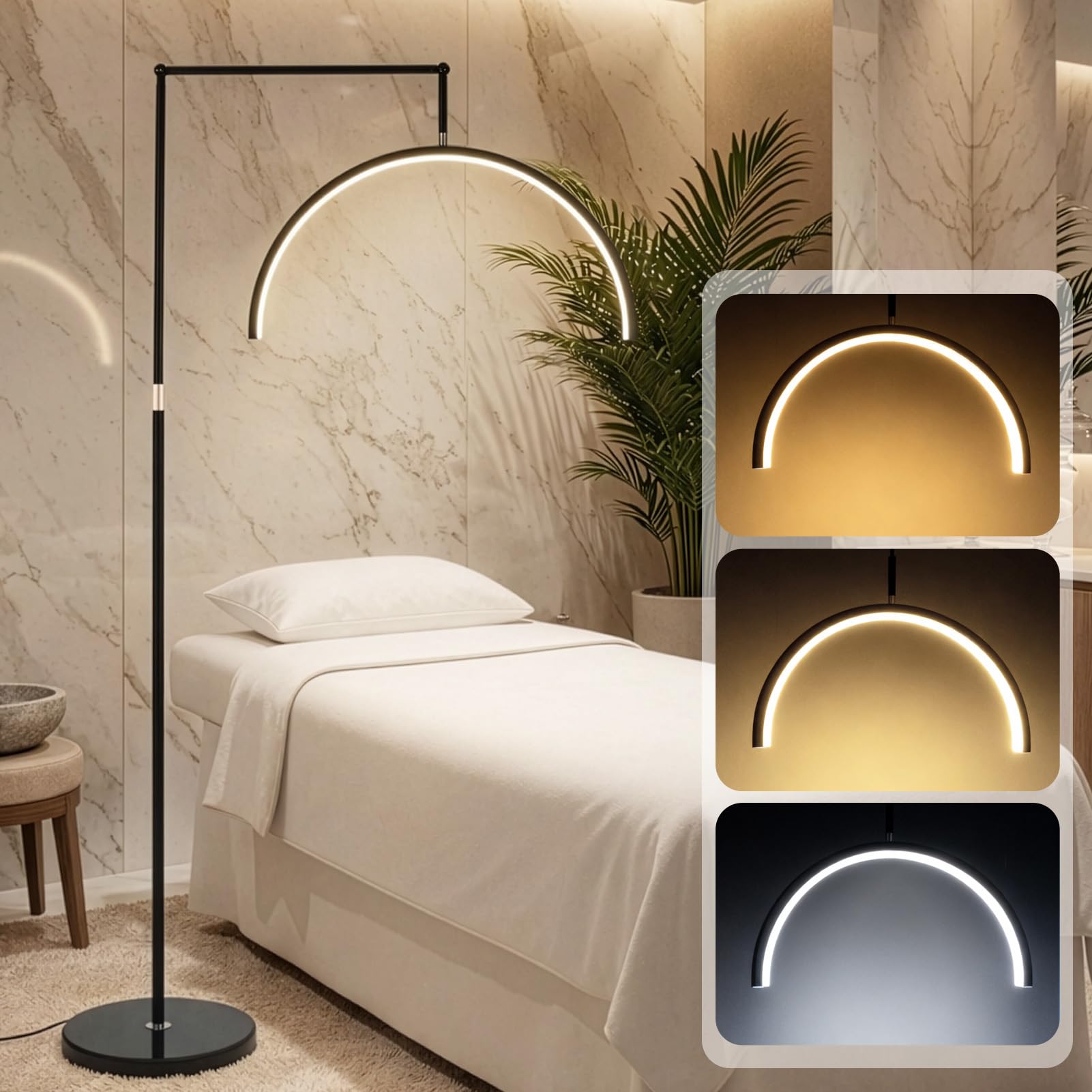 LED-Stehleuchte Halbmond Wimpern Lampe für Wimpernverlängerungen mit Handyhalterung, faltbar, 5 Farben dimmbar, 360° drehbar, 10 Dimmstufen, ideal für Tätowierer und Nageldesigner, 2000–5600K (45cm)