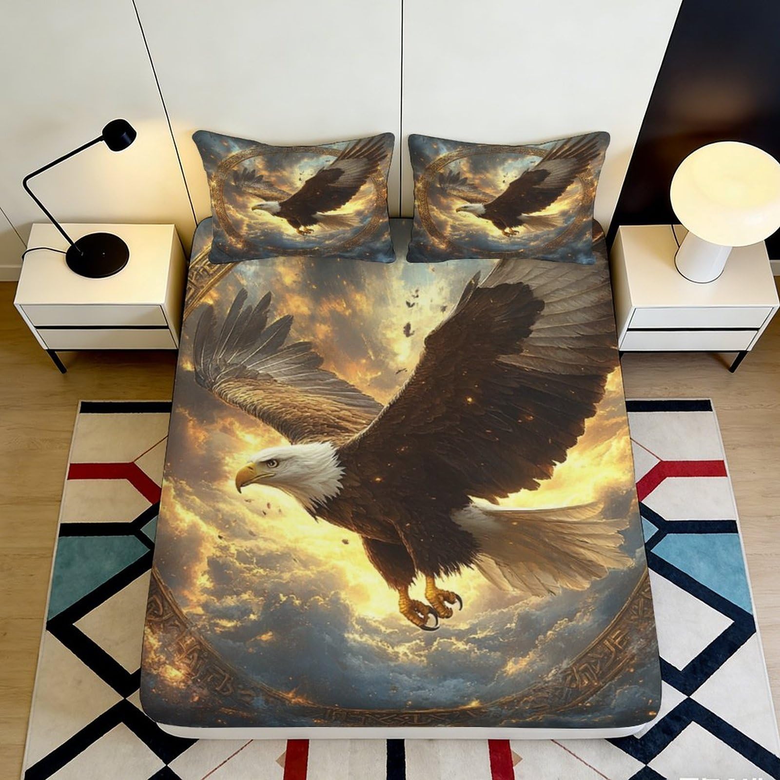 3D Printed Bald Eagle Fitted Sheet Microfiber Artistic Sky Mattress Cover for Bedroom Dorm Protector Decor 90x200x25cm