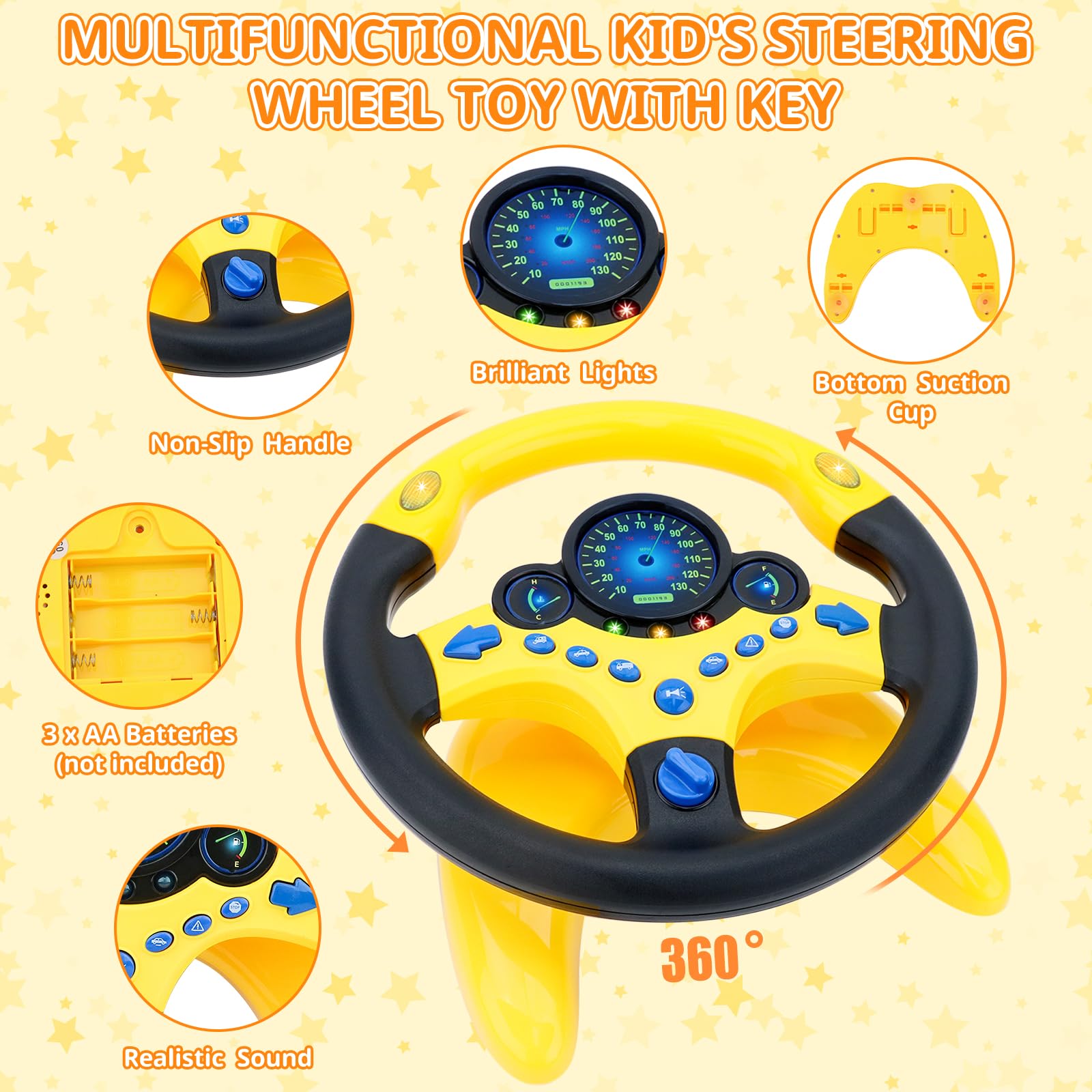 deAO Kinder Lenkrad Spielzeug mit 360° Drehfunktion, Kinder Simulierter Fahrsimulator Auto Simulation Spielzeug, Klang und Musik frühes Pädagogisches Geschenk für Kleinkind/Kinder (Gelb)