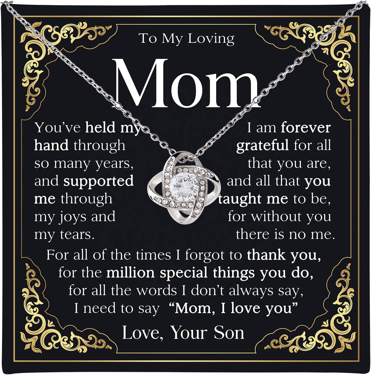 To My Mom Necklace from Daughter or Son – Love Knot Jewelry with Heartfelt Message Card, Elegant Luxury Gift Box, Thoughtful Gift for Mother’s Day, Birthday & Christmas for Mom