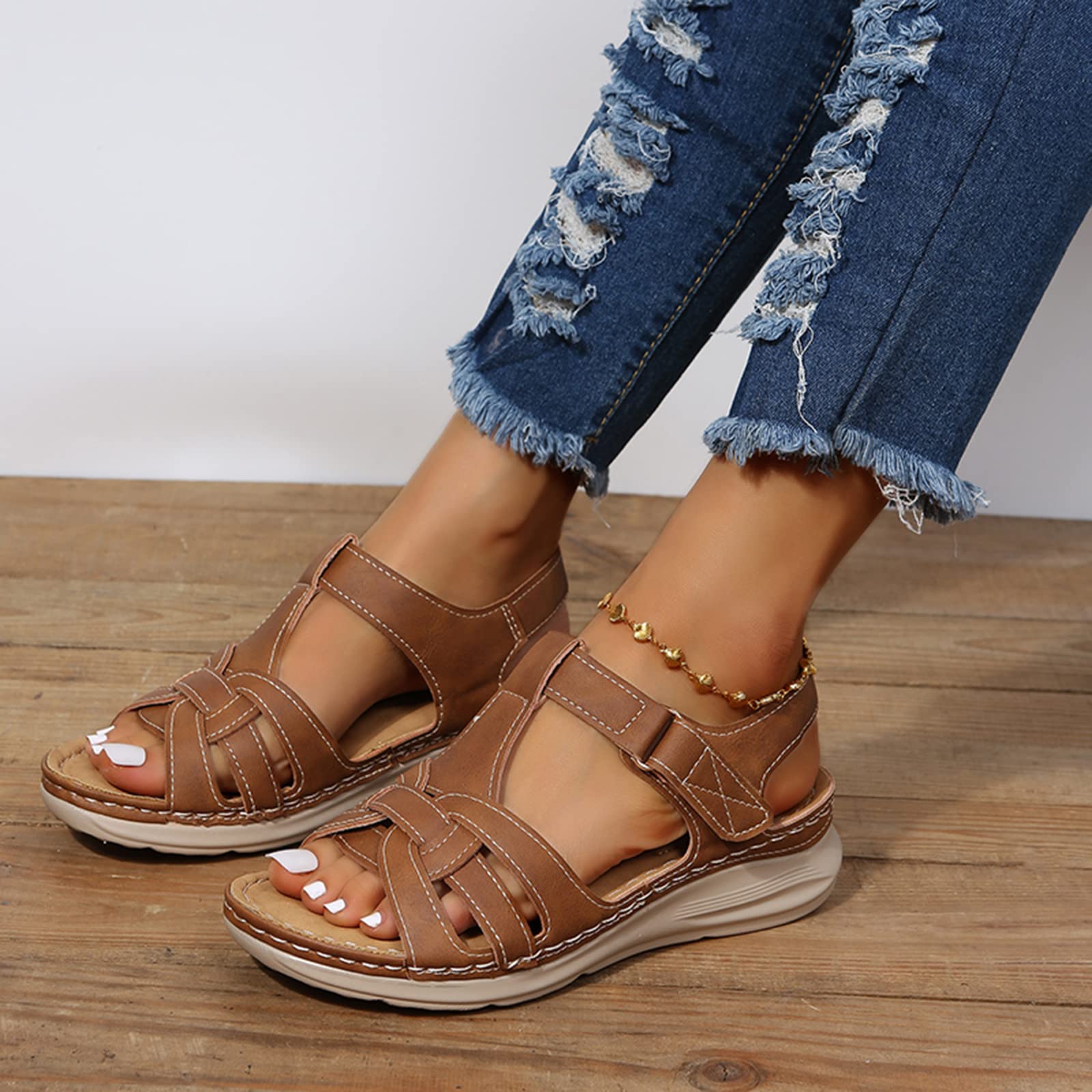 HHZYT Womens Wedge Sandals Roman Style Retro Orthopedic Sandals with Arch Support Casual Fashion Wedge Flat Platform Sandals Summer Ladies Walking Shoes,Brown,US6/EU37