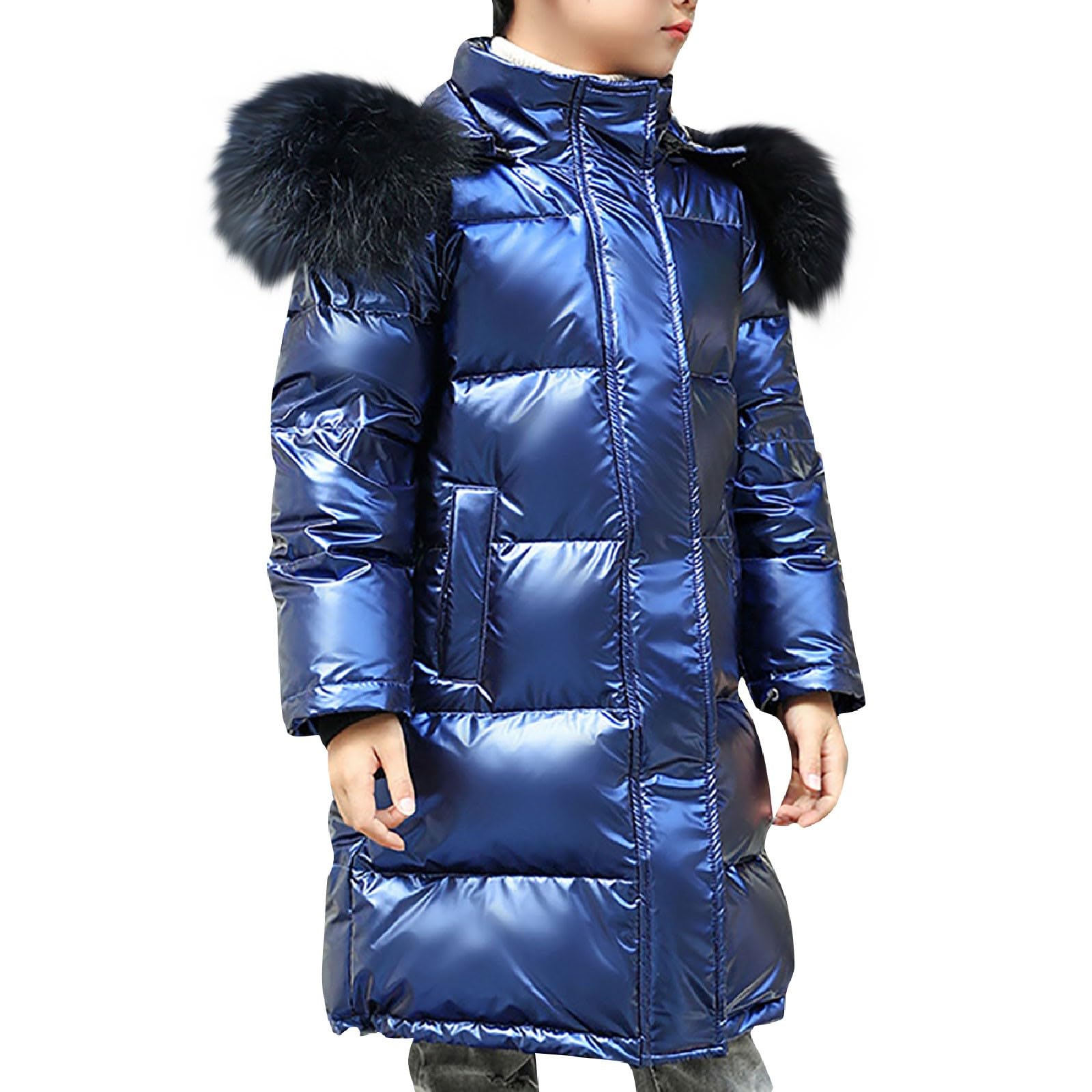 Generisch Skijacke Mädchen,Mädchen Wintermantel wasserabweisend Kapuze Fleecefutter Taschen elastische Bündchen Dick Gepolstert Schneeanzüge Daunenjacken Winterjacke mit Kapuze Lang Pufferjacke