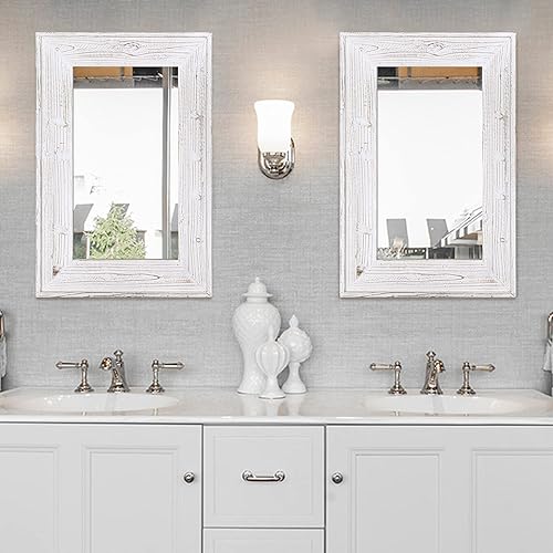 Miniatura 5 de Espejo decorativo de pared de 36 x 24 pulgadas, espejo colgante rectangular con marco de madera rústica con 4 ganchos para baño, entrada, decoración