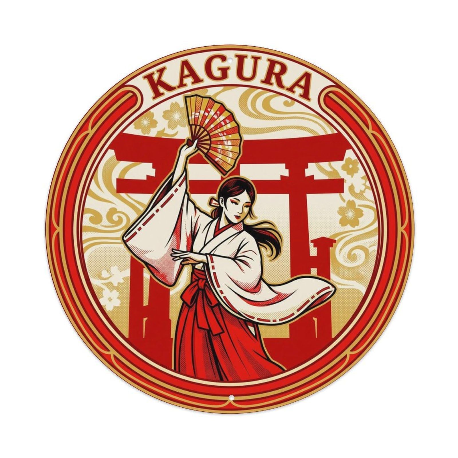 Olyhtr 8X8inch Classic Style Kagura Shrine Dance Showa Red Gold Japan Festival Metal Tin Sign