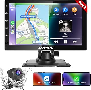 SANPTENT Wireless Apple CarPlay Dash Mount&Android Auto Portable Car Stereo, Drivemate Radio, 9'' FHD Touchscreen, Car Audio Receiver Bluetooth, Backup Camera, Voice Control, Mirror Link, AUX/USB/TF