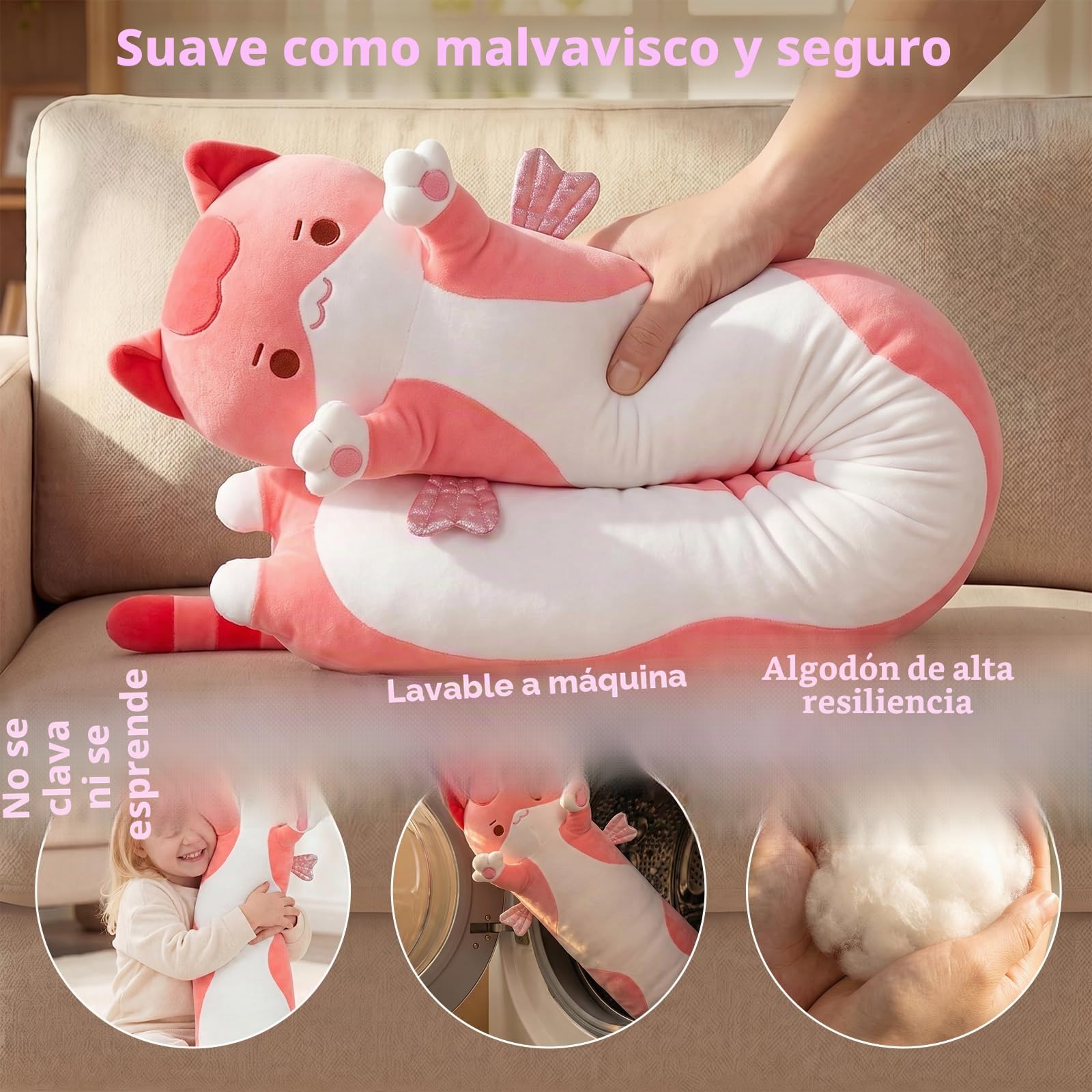 Mewaii - Cojín de Peluche para niño y niña, Animales, Juguete Kawaii Mullido, cómodo, Almohada de Peluche para Adolescentes, Regalo (110 cm, Gato Rosa)