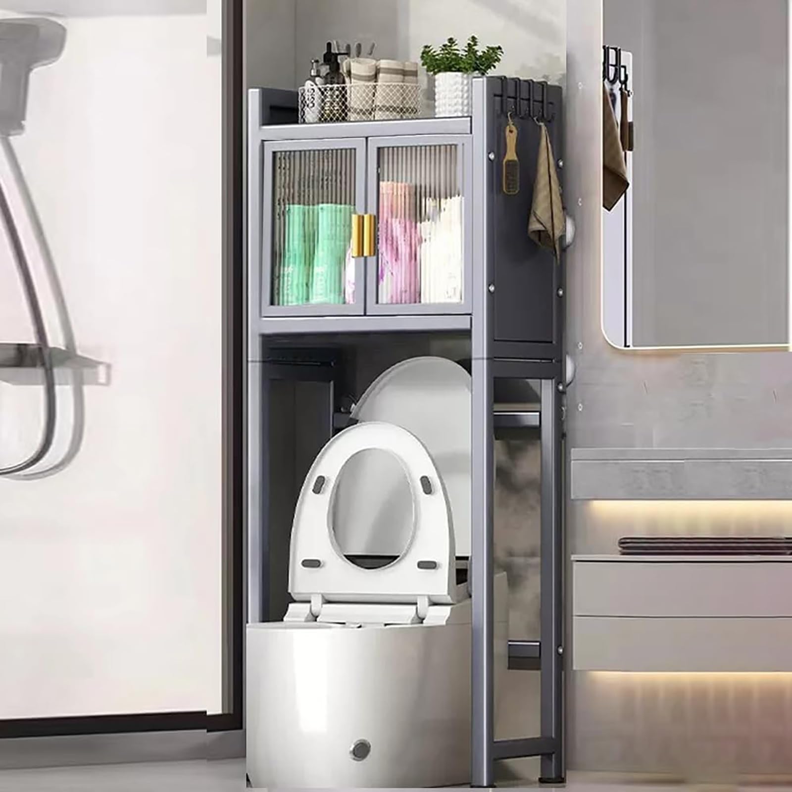 Armoire rangement salle de bain bois robuste dessus wc chic