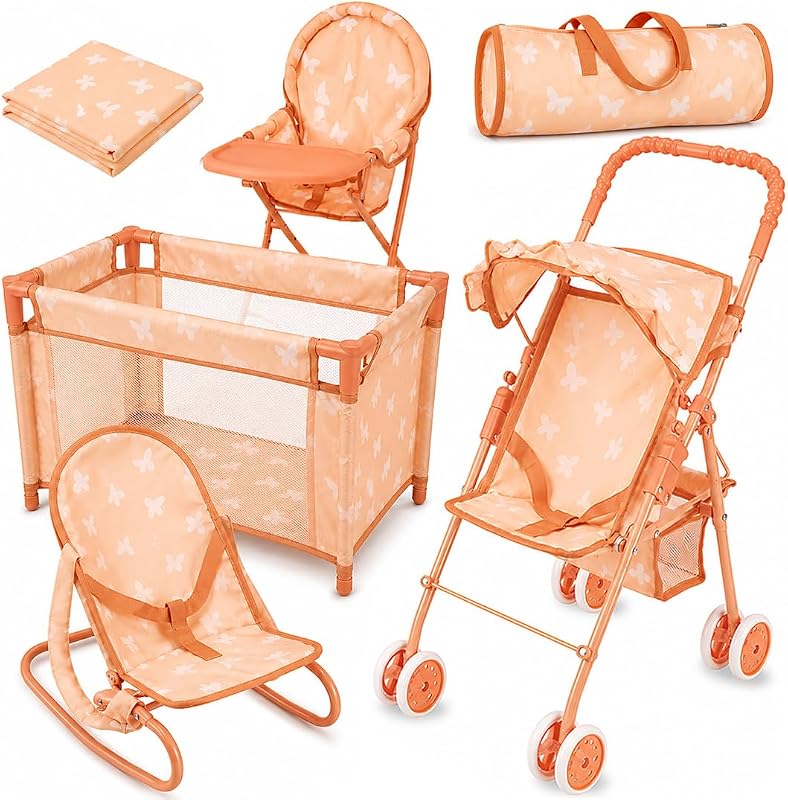 Juego de cochecito para muñecas 4 en 1 con diseño de mariposa - Incluye cochecito de juguete, cuna, hamaca y trona - Accesorios para muñecas y juego de muebles para muñecas para niños pequeños de 3 a 4 años - Se adapta a muñecas de hasta 18 pulgadas