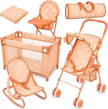 4-in-1 Baby Doll Stroller Set with Butterfly Design Includes Toy Stroller, Crib, Bouncer & High Chair Doll Accessories & Baby Doll Furniture Set for Toddlers 3-4 Years Fits Dolls up to 18 Inches