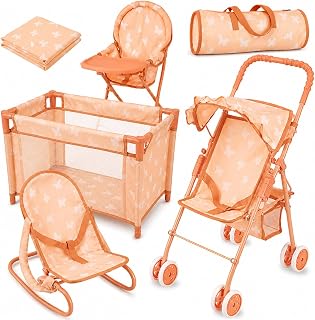 Juego de cochecito para muñecas 4 en 1 con diseño de mariposa - Incluye cochecito de juguete, cuna, hamaca y trona - Accesorios para muñecas y juego de muebles para muñecas para niños pequeños de 3 a 4 años - Se adapta a muñecas de hasta 18 pulgadas